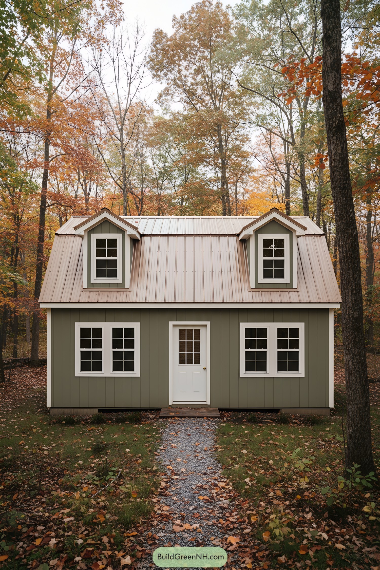 Green shed-house with gambrel metal roof and twin front dormers in a wooded setting