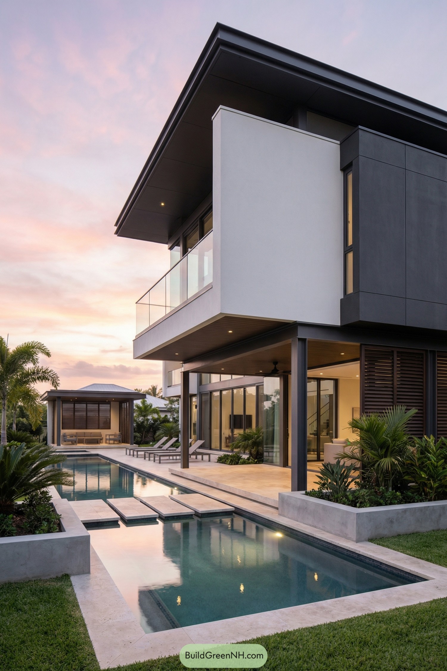 Modern villa with cantilevered balcony and lap pool