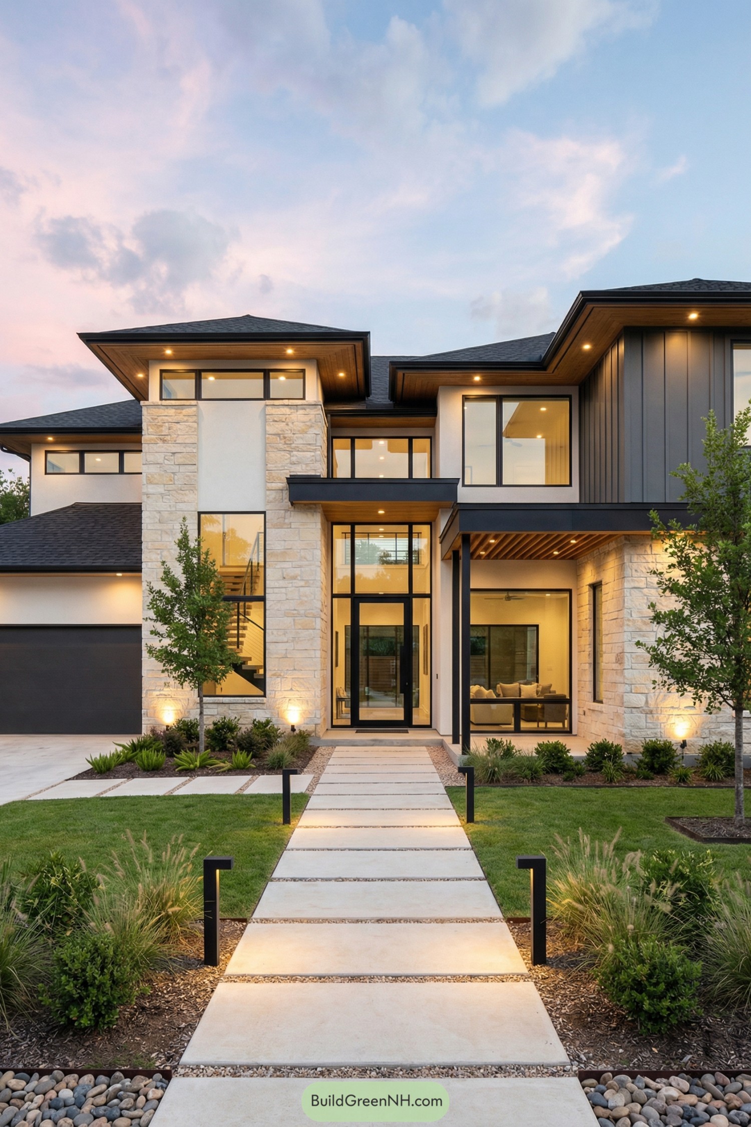 Modern two-story home with stone and glass facade at dusk