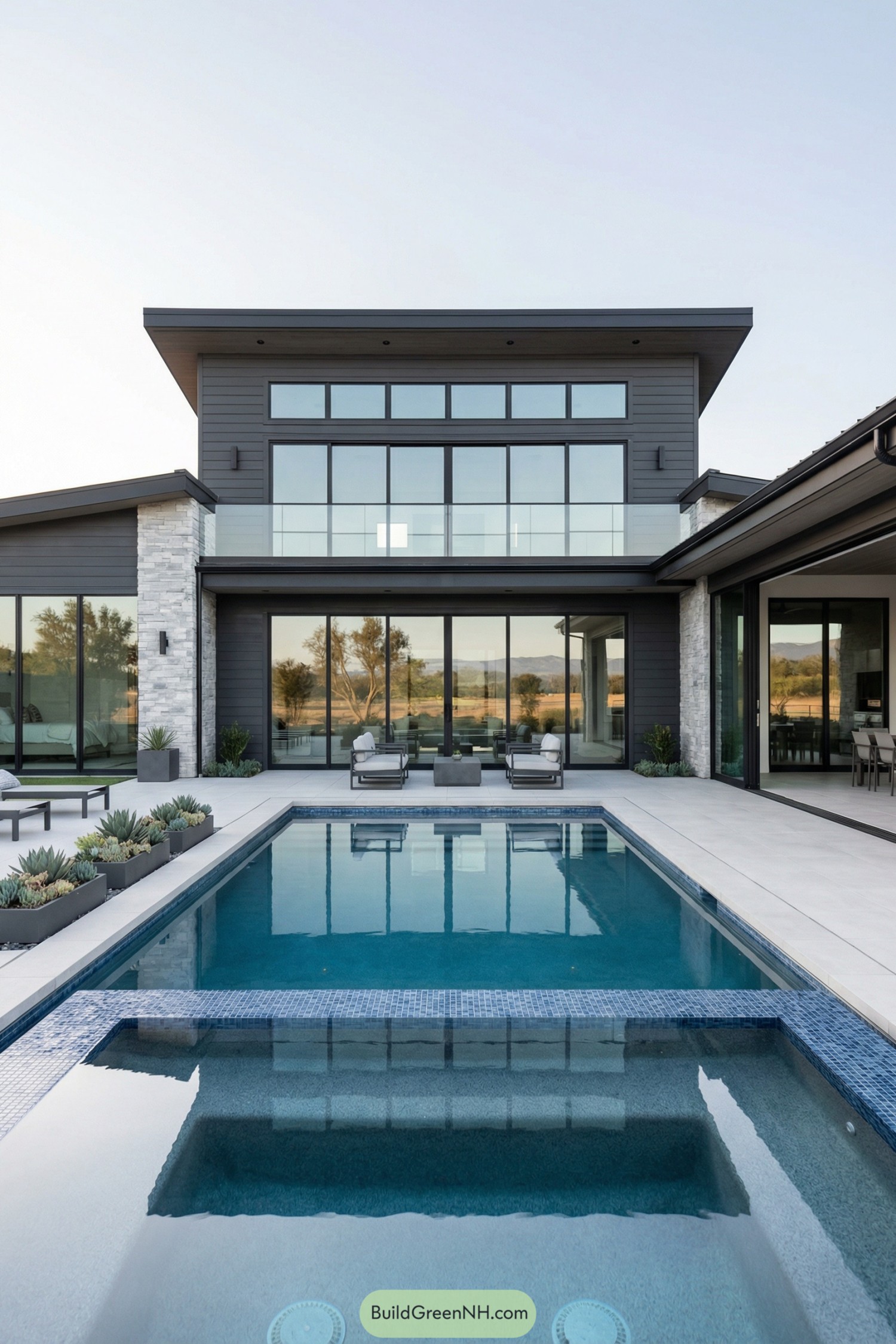 Modern home with expansive windows and pool