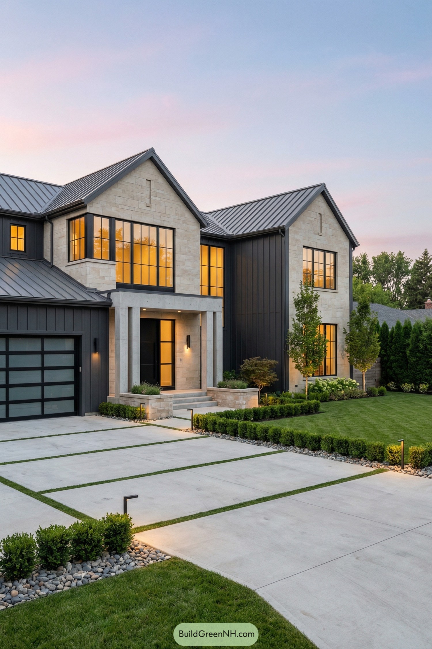 Contemporary house with stone gables large black-framed windows and manicured lawn at dusk