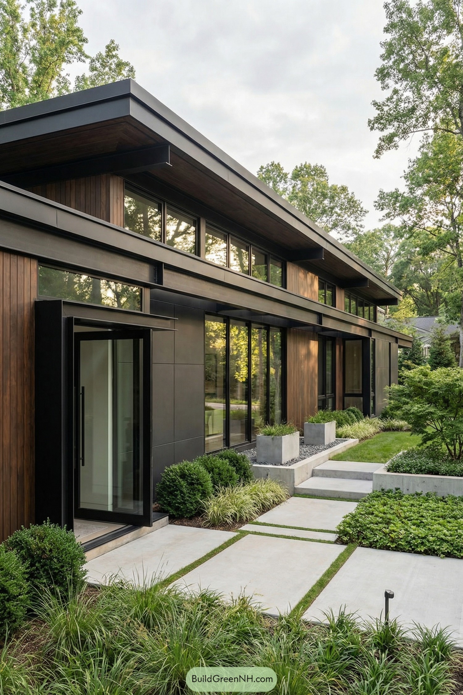 Modern low-slung house with dark metal, vertical wood cladding, and expansive glass facing a sculpted entry garden