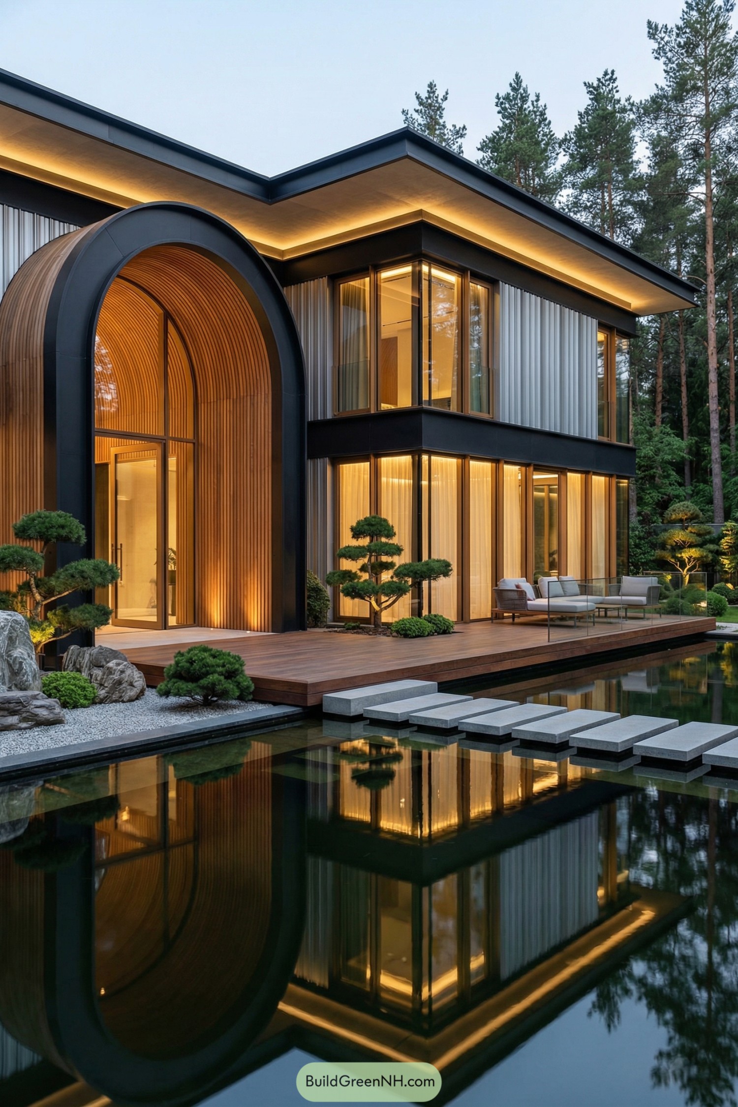 Modern house with arched wood entry, glowing glass, and koi-pond steps