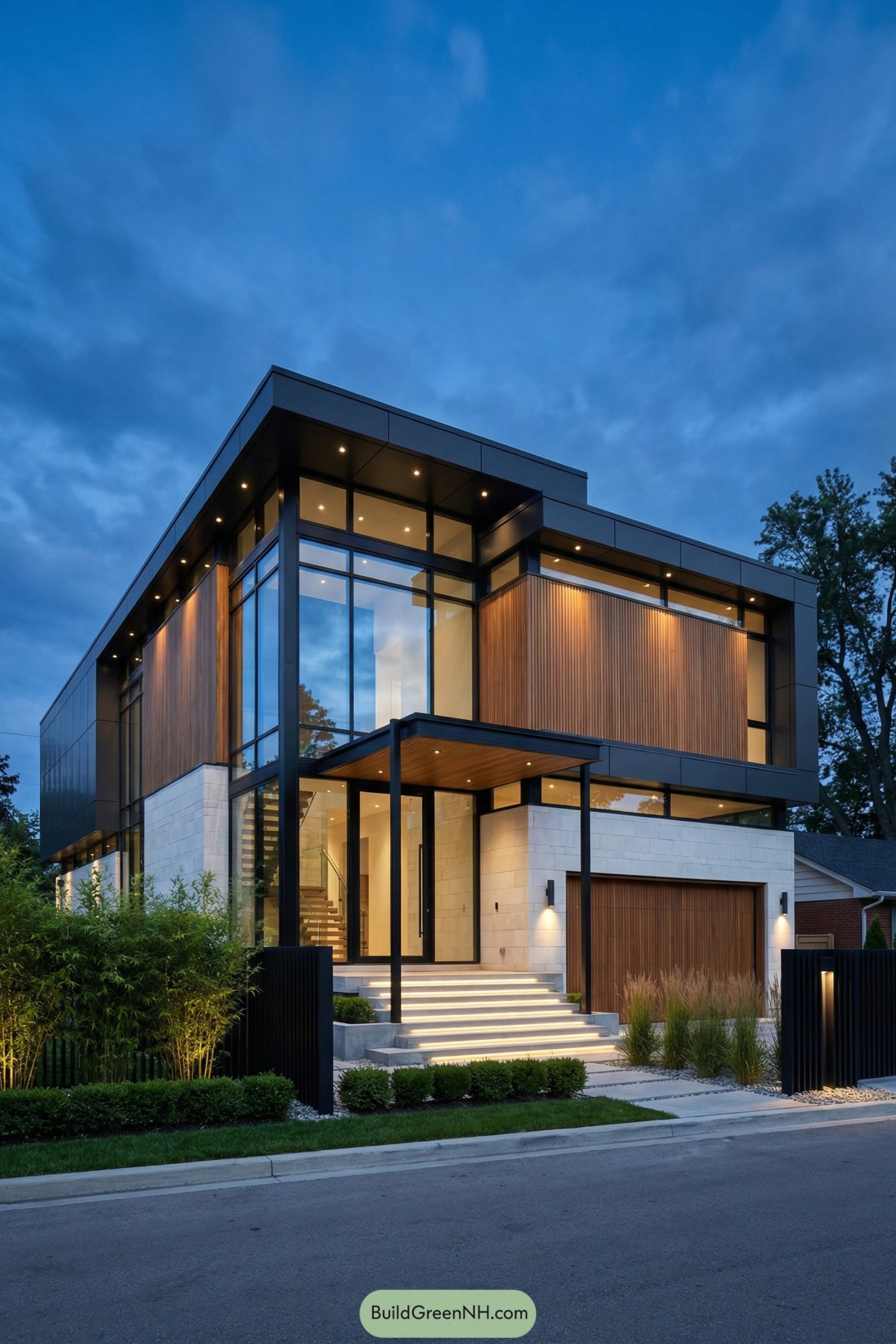Modern two-story home with glass walls glowing at dusk and warm wood cladding accents