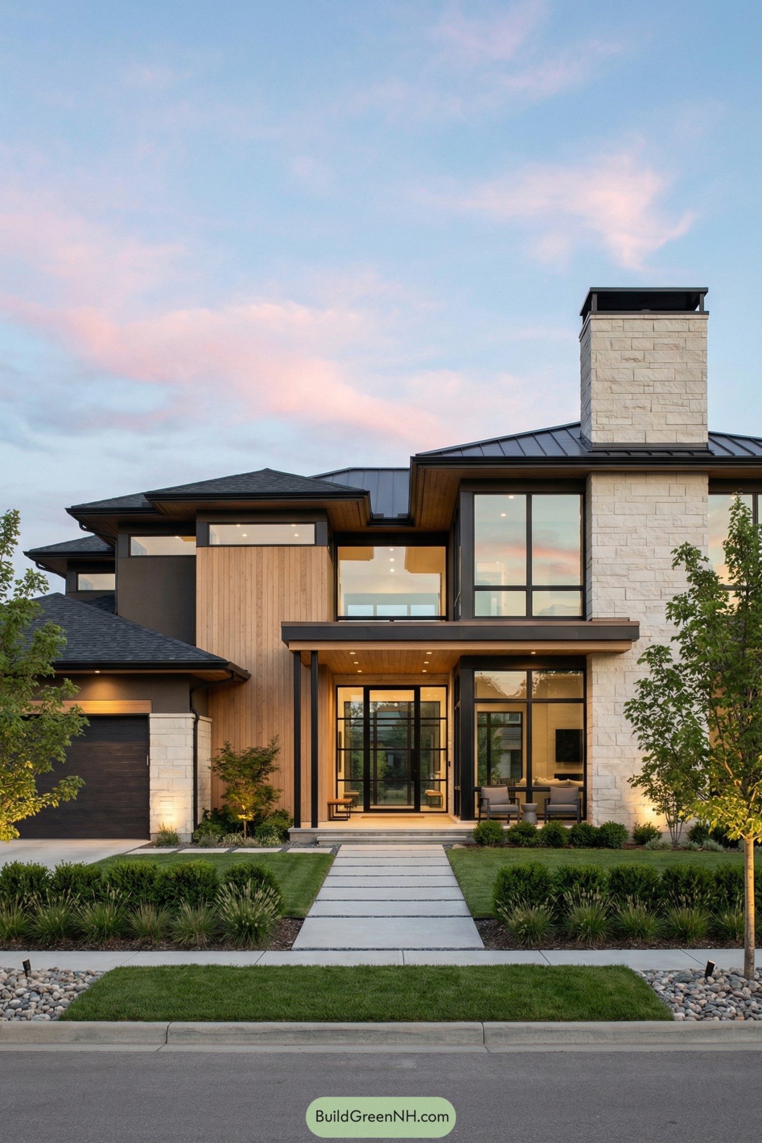Modern two-story home with wood stone and expansive glass facade at dusk