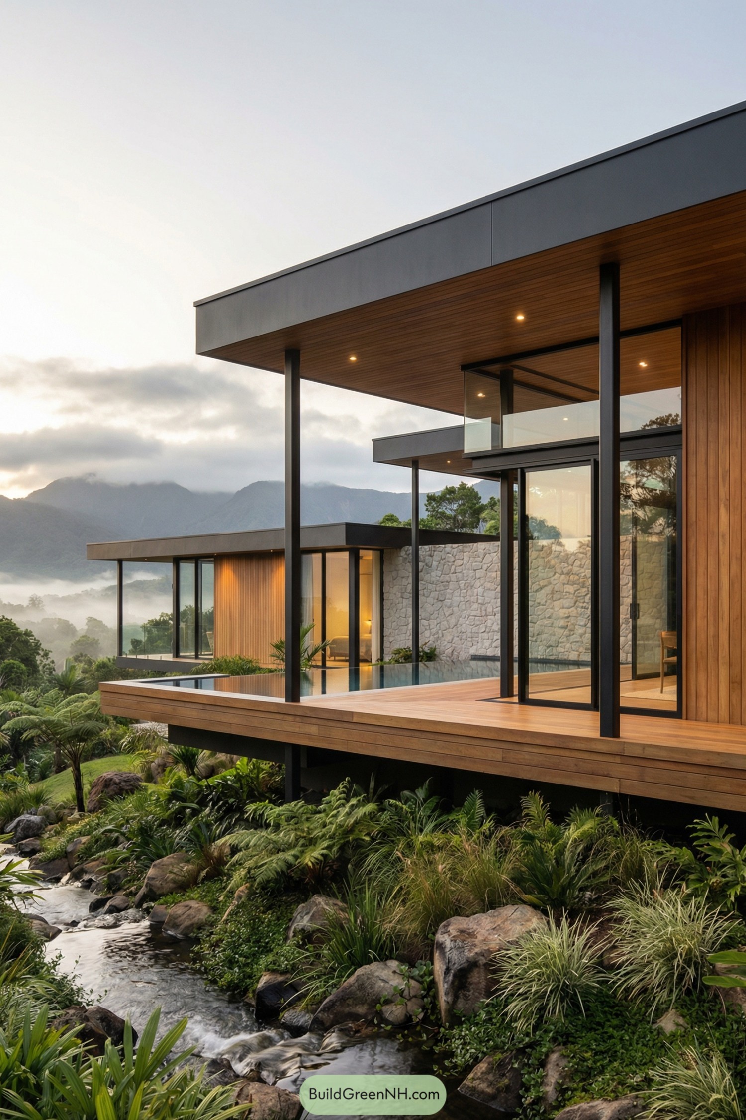 Modern hillside home with wood glass and stone