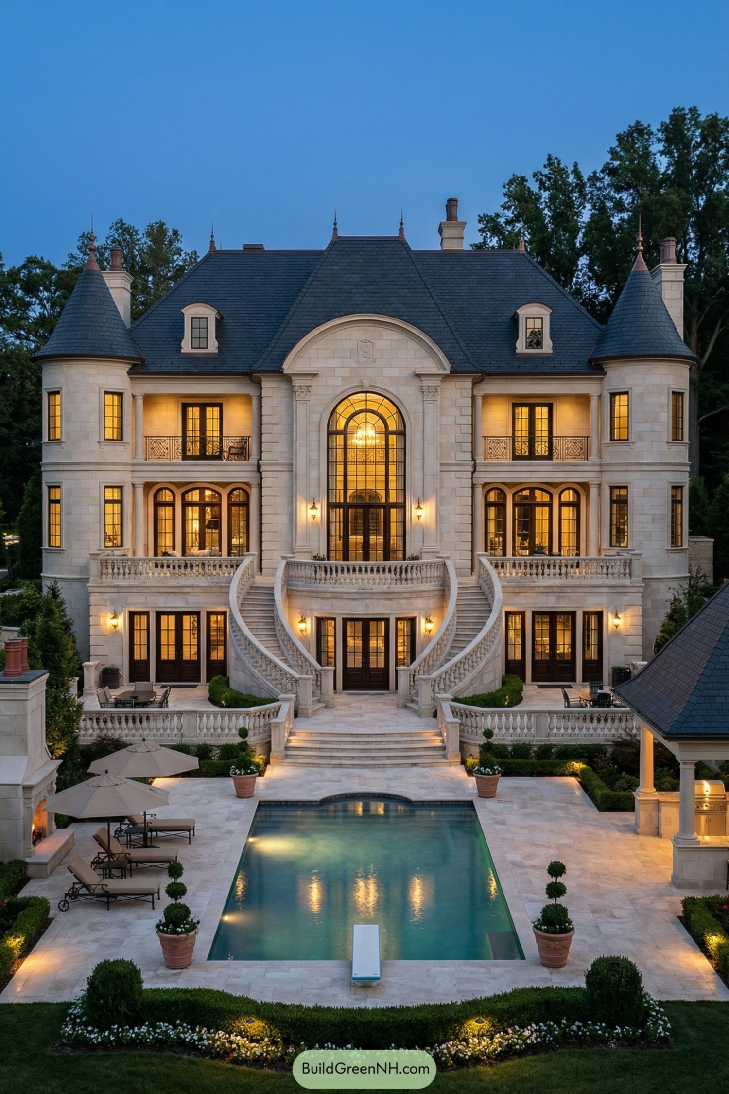 Grand limestone mansion with twin curved staircases and pool at dusk