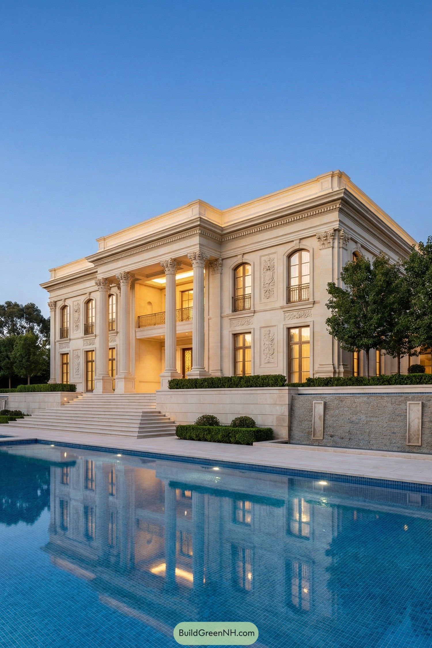 Grand neoclassical mansion with columns and pool
