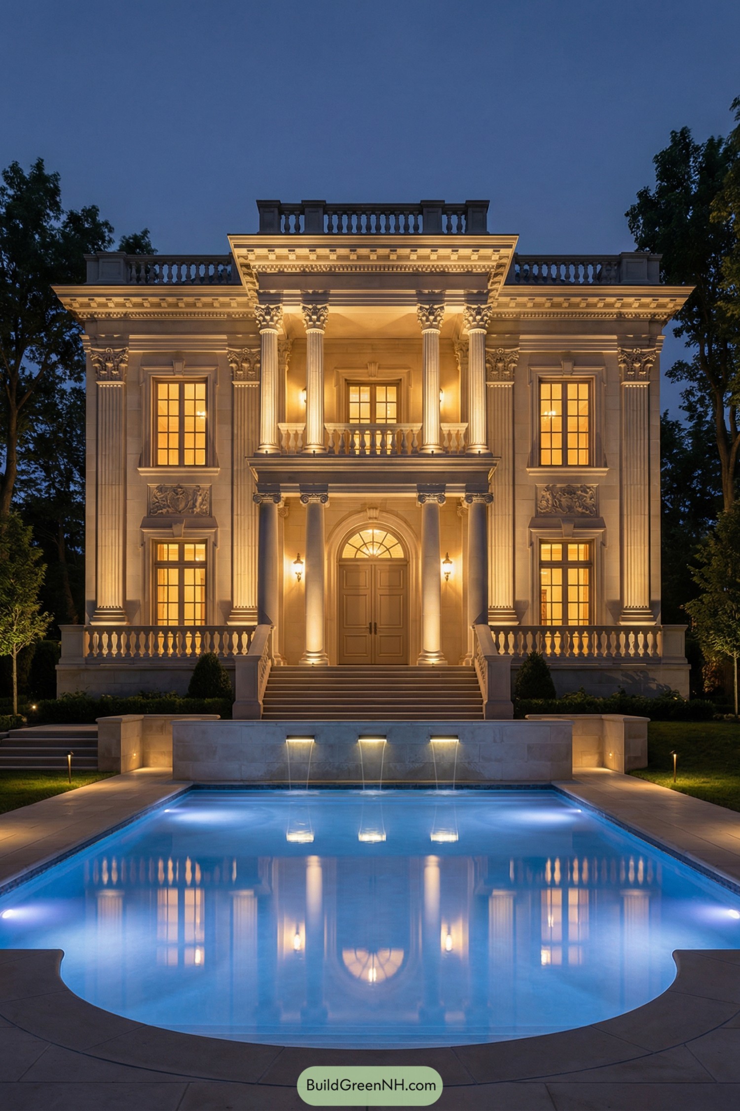 Grand neoclassical mansion with lit columns and pool