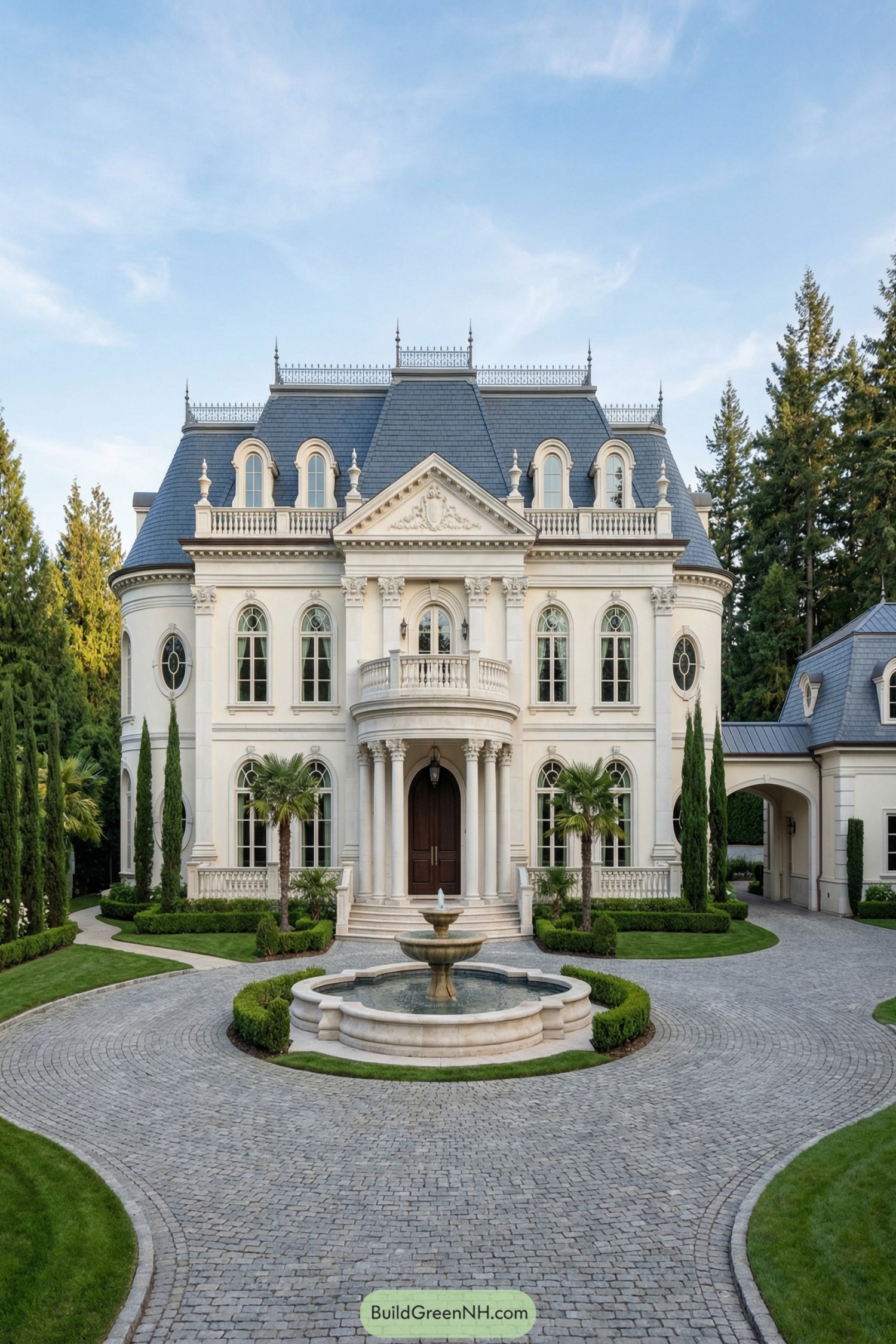 Grand limestone manor with fountain courtyard
