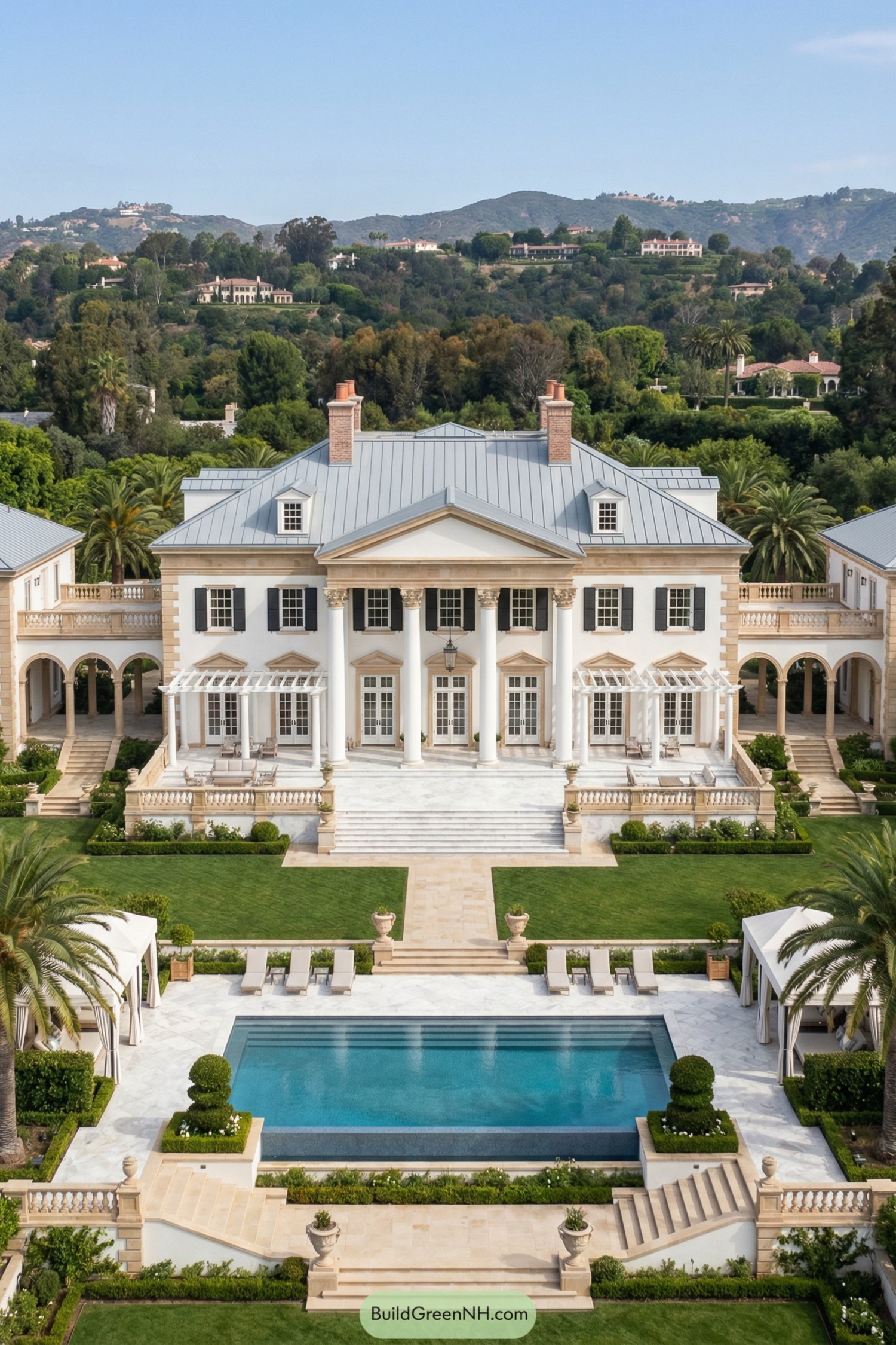 Grand estate with columns and pool