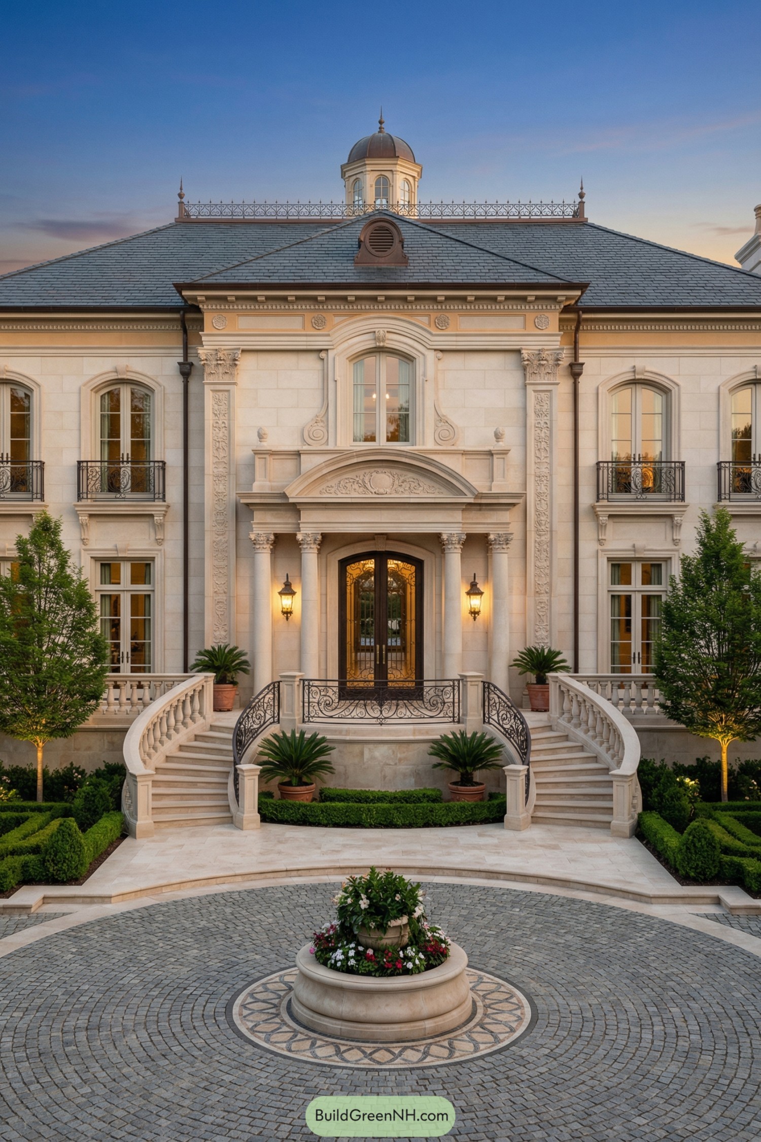 Symmetrical limestone mansion with curved staircases and cupola