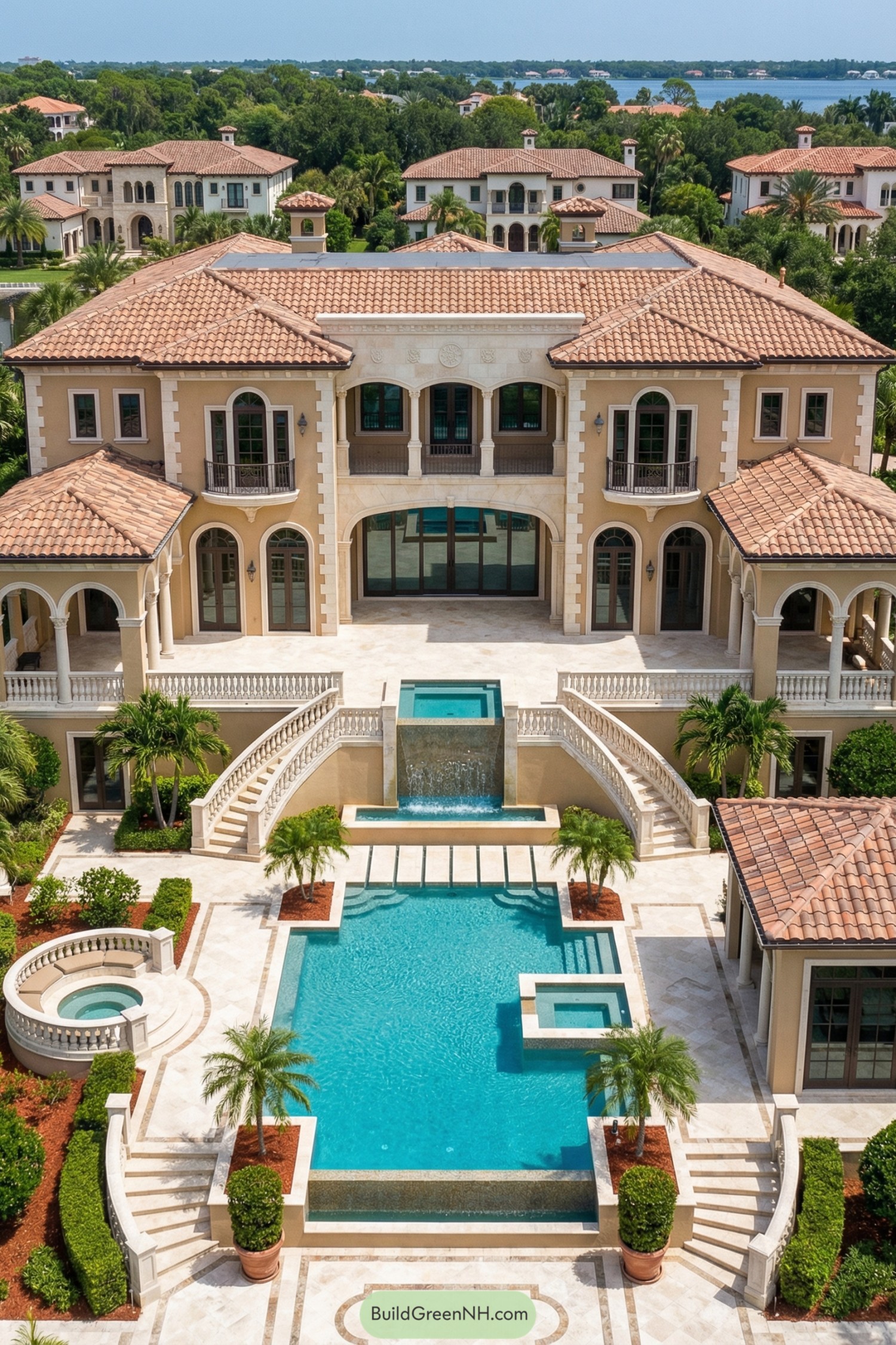 Mediterranean-style mansion with tiered pool and arches