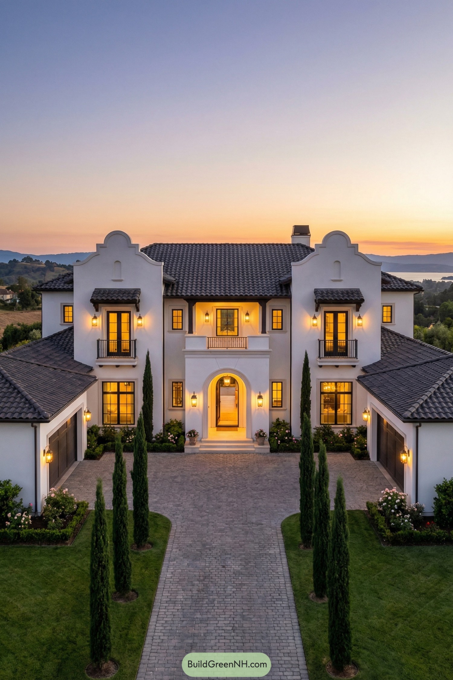 White stucco villa with dark tile roof and glowing lanterns at dusk