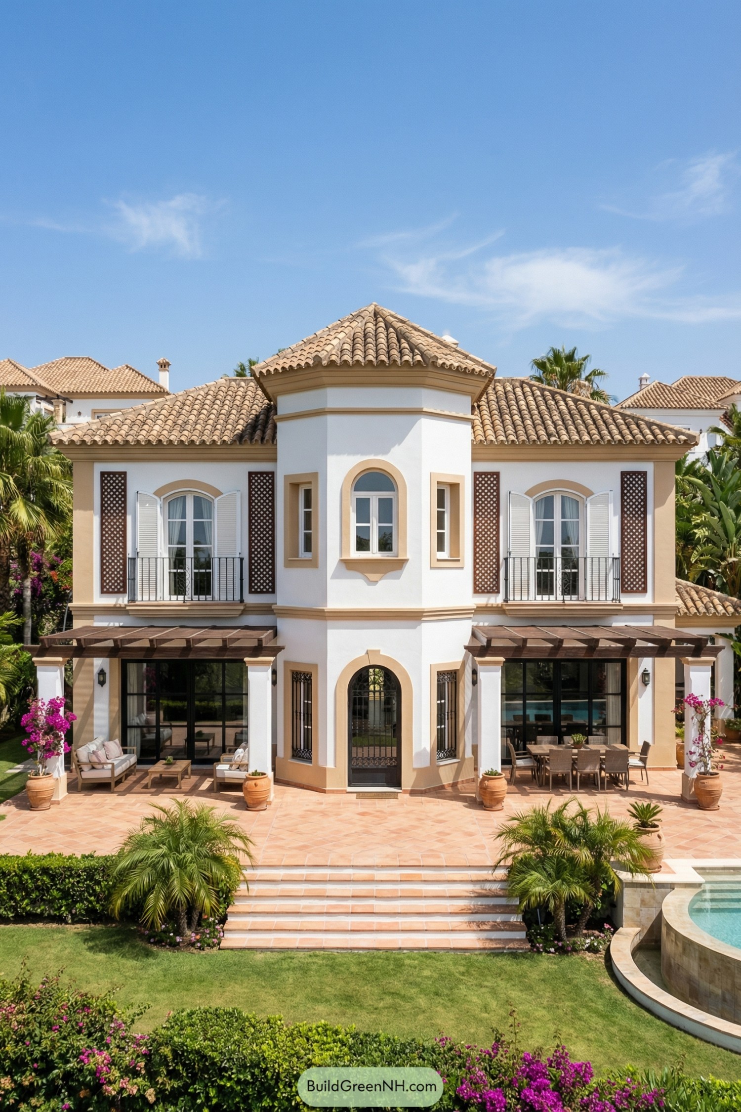 Mediterranean villa with central turret and pool