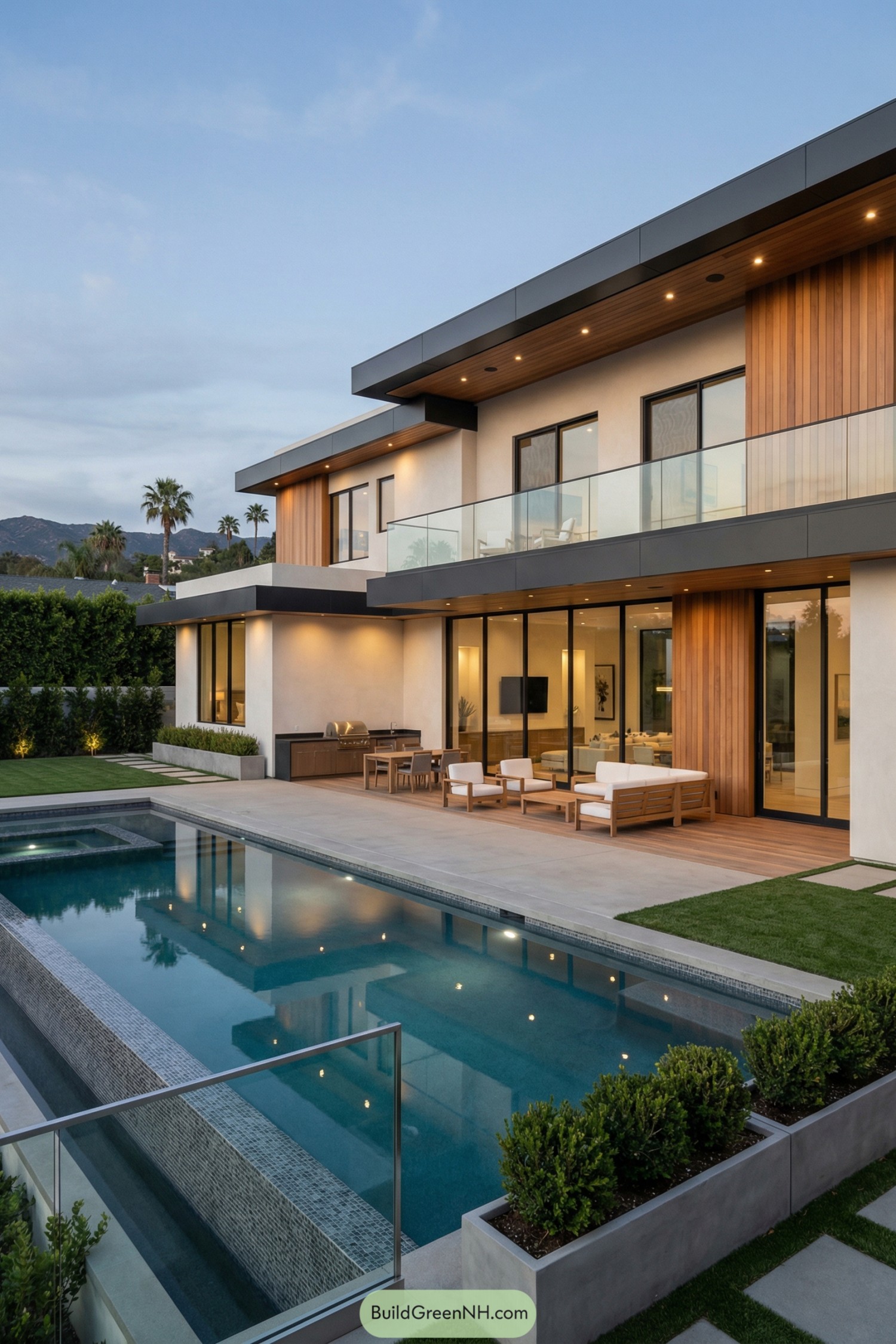 Two-story modern home with pool and wood accents