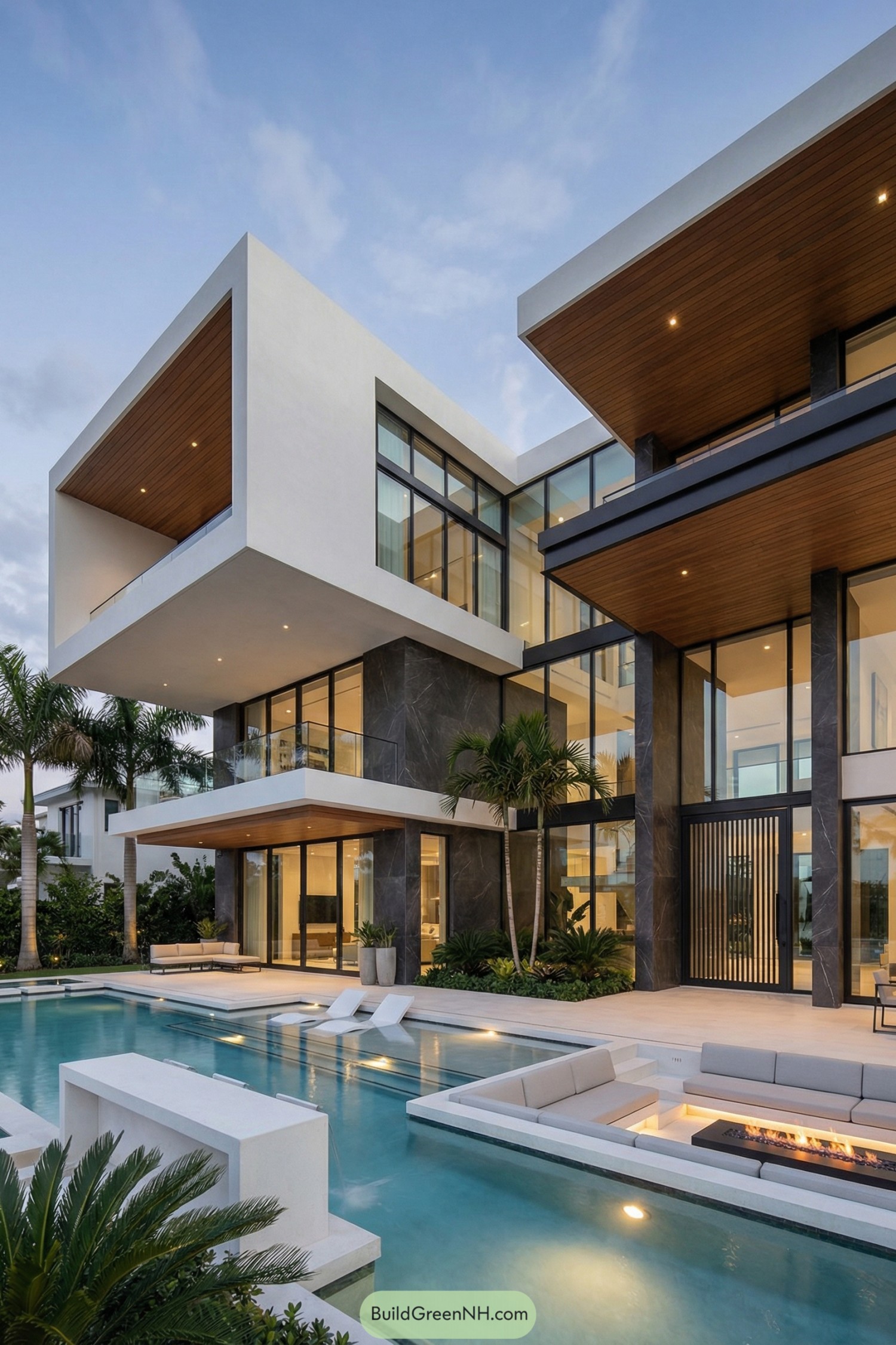 Modern villa with cantilevered volumes and pool