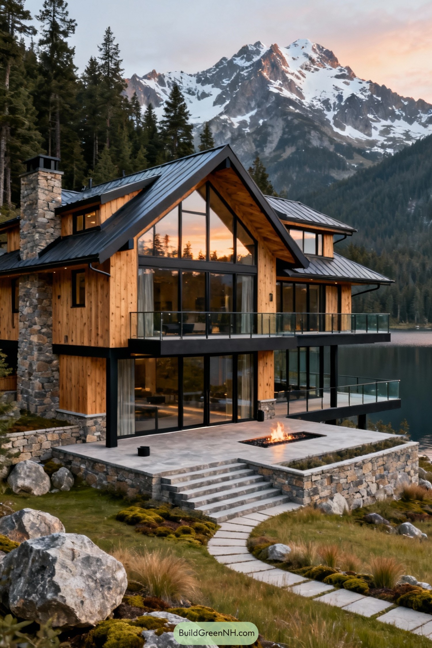 Modern timber-and-stone lakefront chalet with glass walls and mountain backdrop