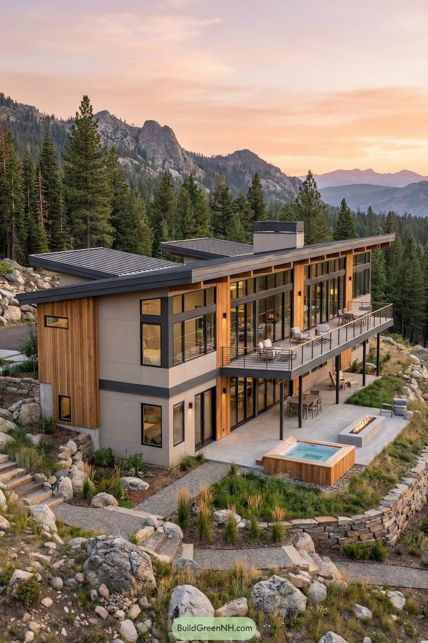 Modern hillside mansion with glass walls and cedar cladding at sunset