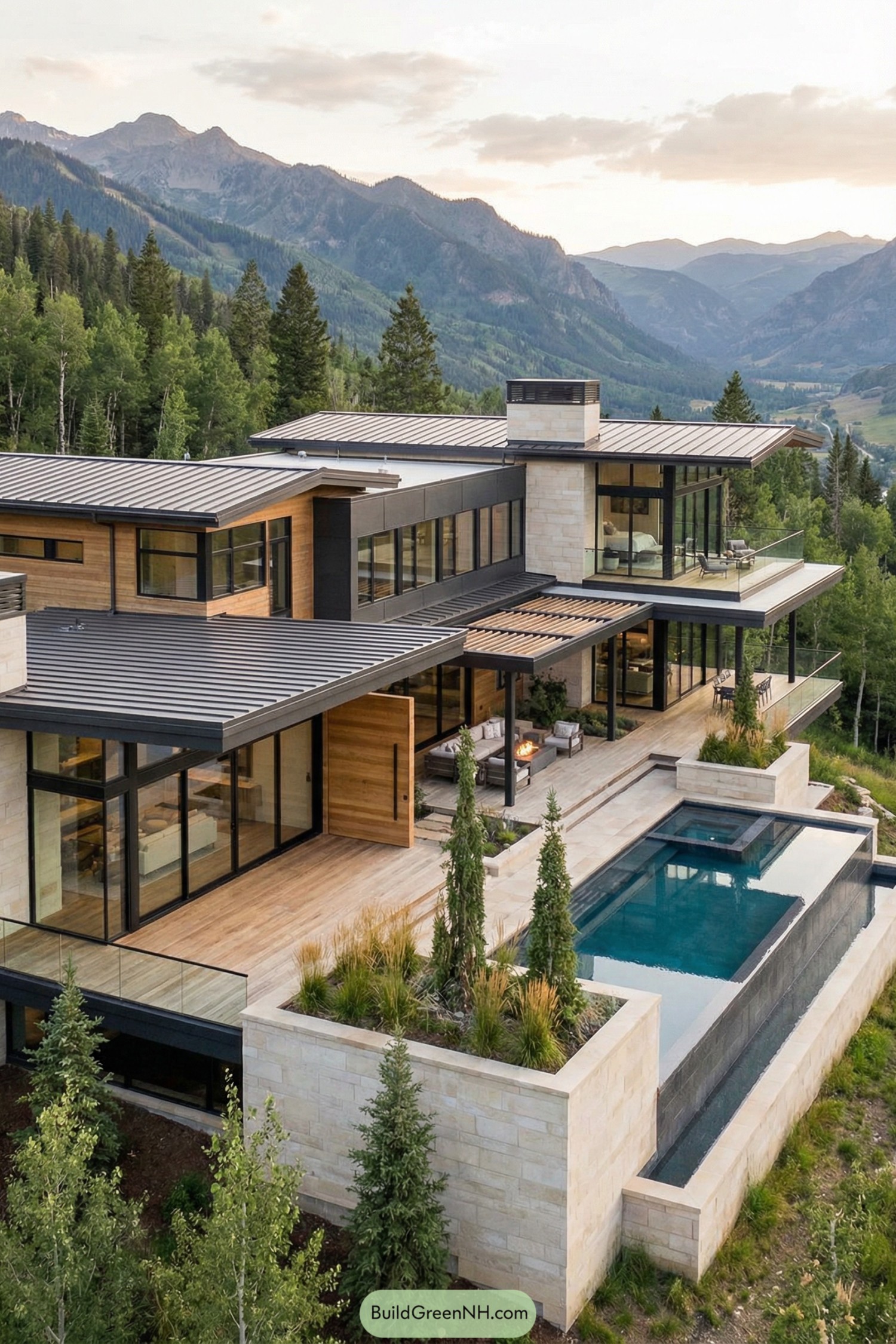 Modern mountain mansion with glass walls and terraced pool