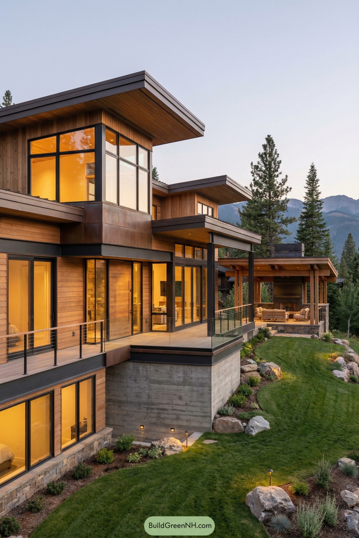 Warm-lit modern mountain home with glass walls and tiered cantilevers