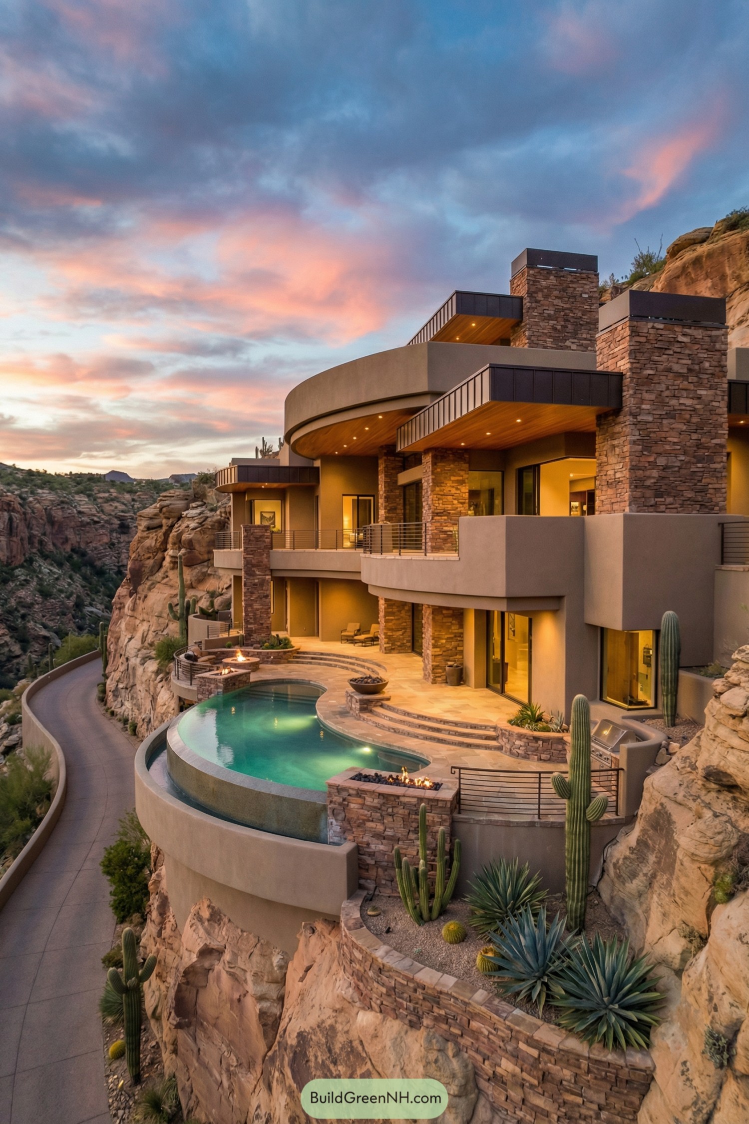 Terraced desert mansion with curved infinity pool