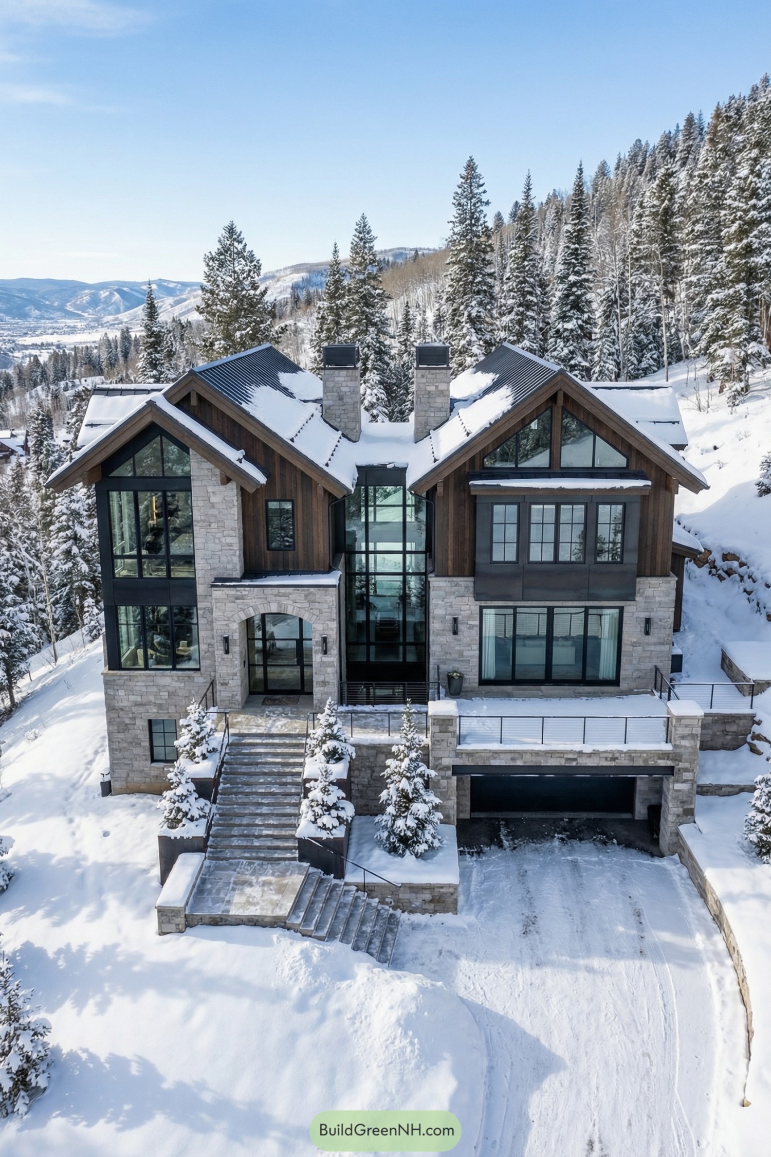 Modern stone-and-wood mountain mansion with expansive windows and twin gables in a snowy forest