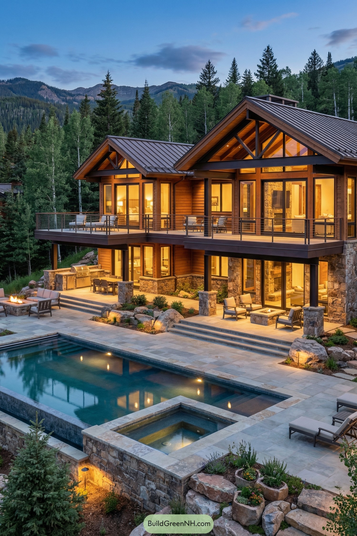 Warm-lit timber lodge with pool terrace