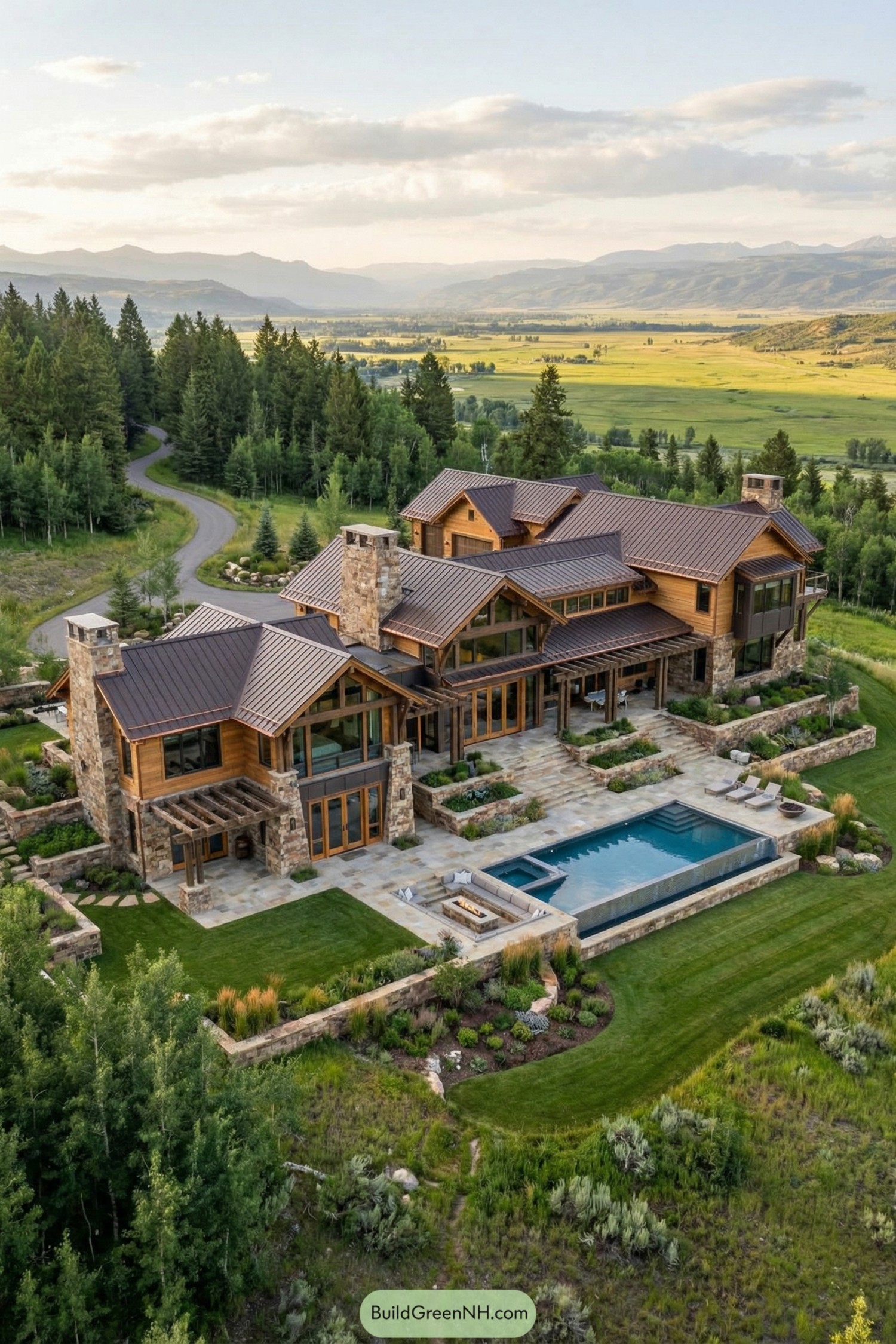 Large timber-and-stone mountain mansion with metal roofs, terraces, and pool overlooking valley