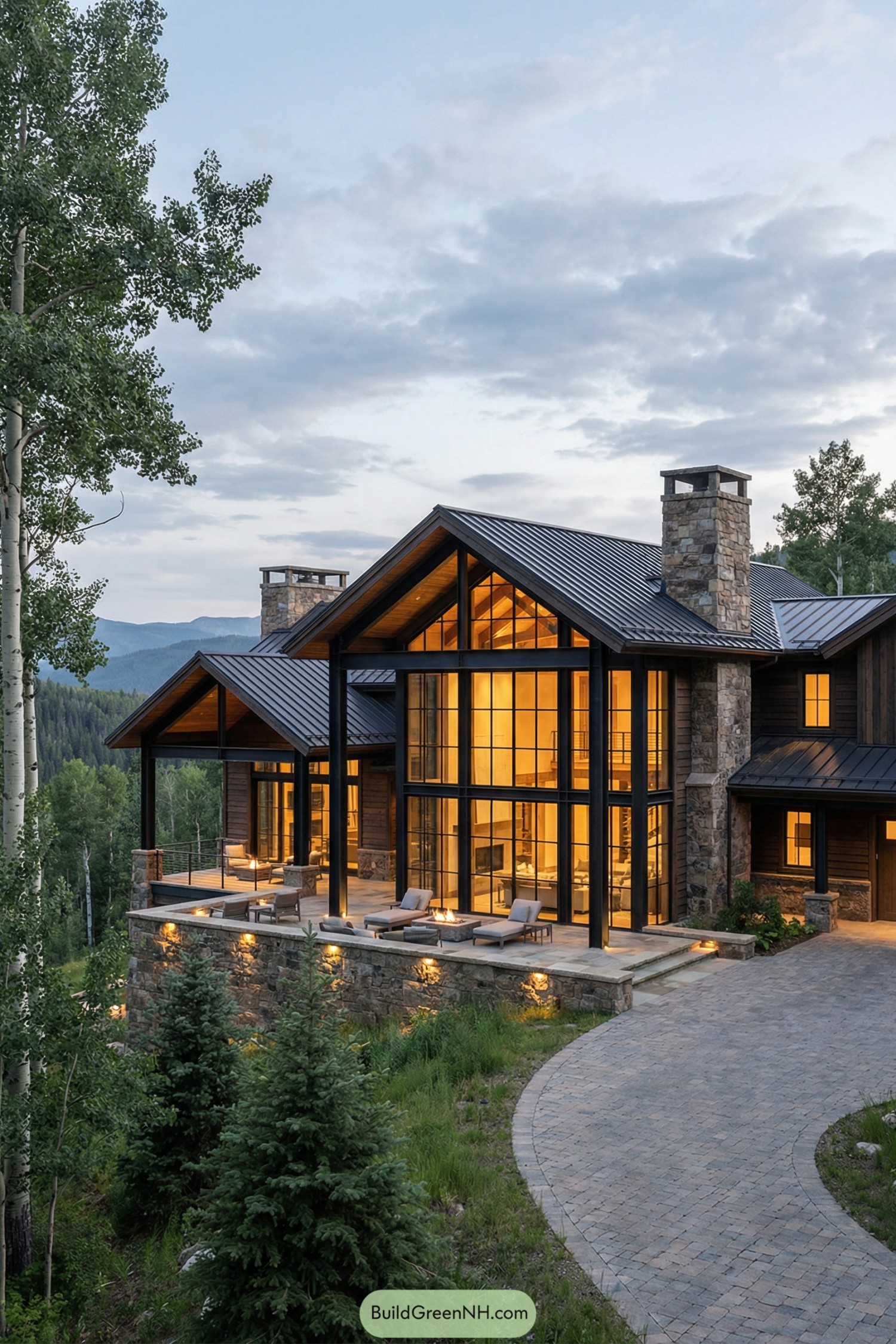 Modern mountain lodge with glass facade and stone chimneys at dusk