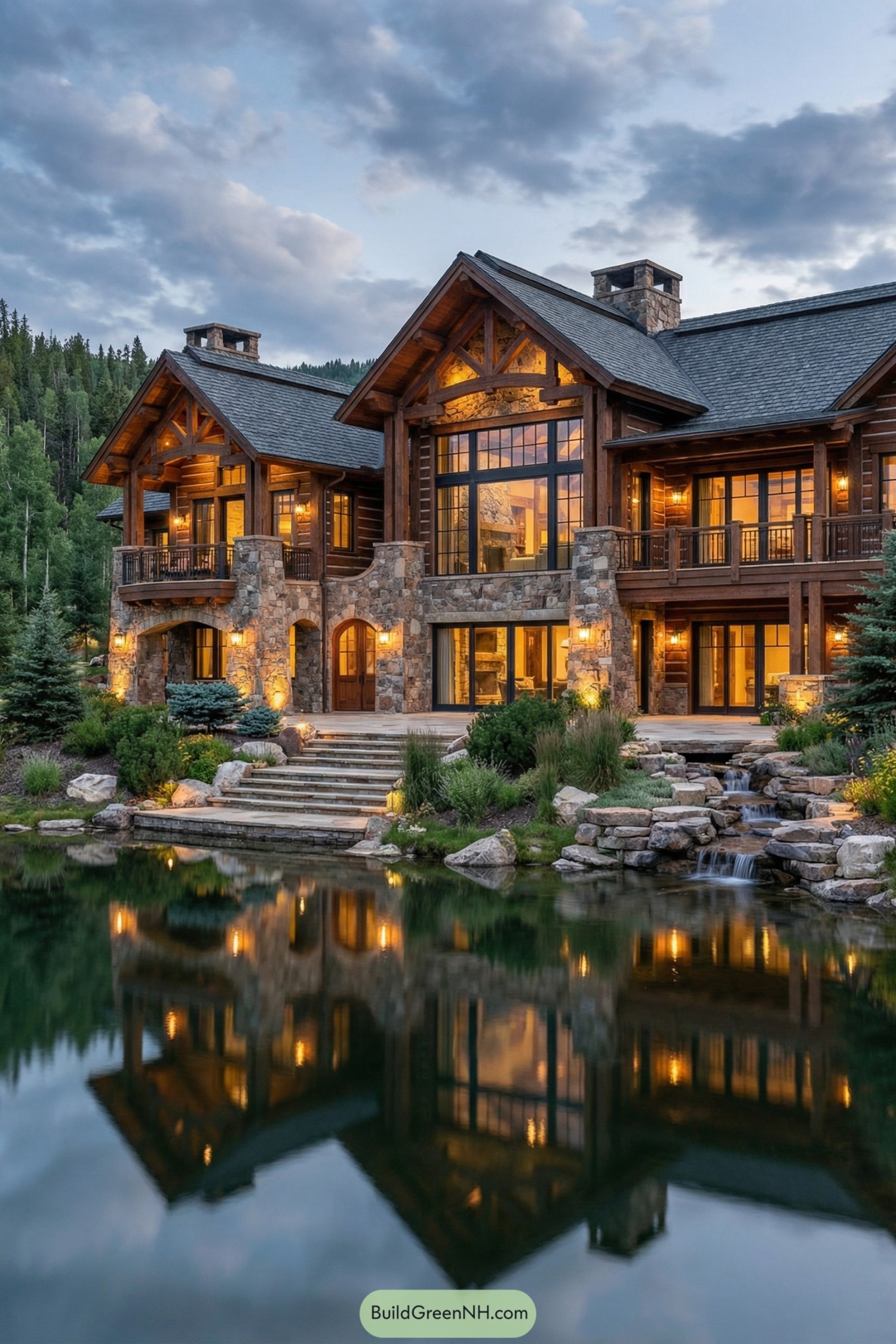 Rustic mountain lodge by a reflecting pond