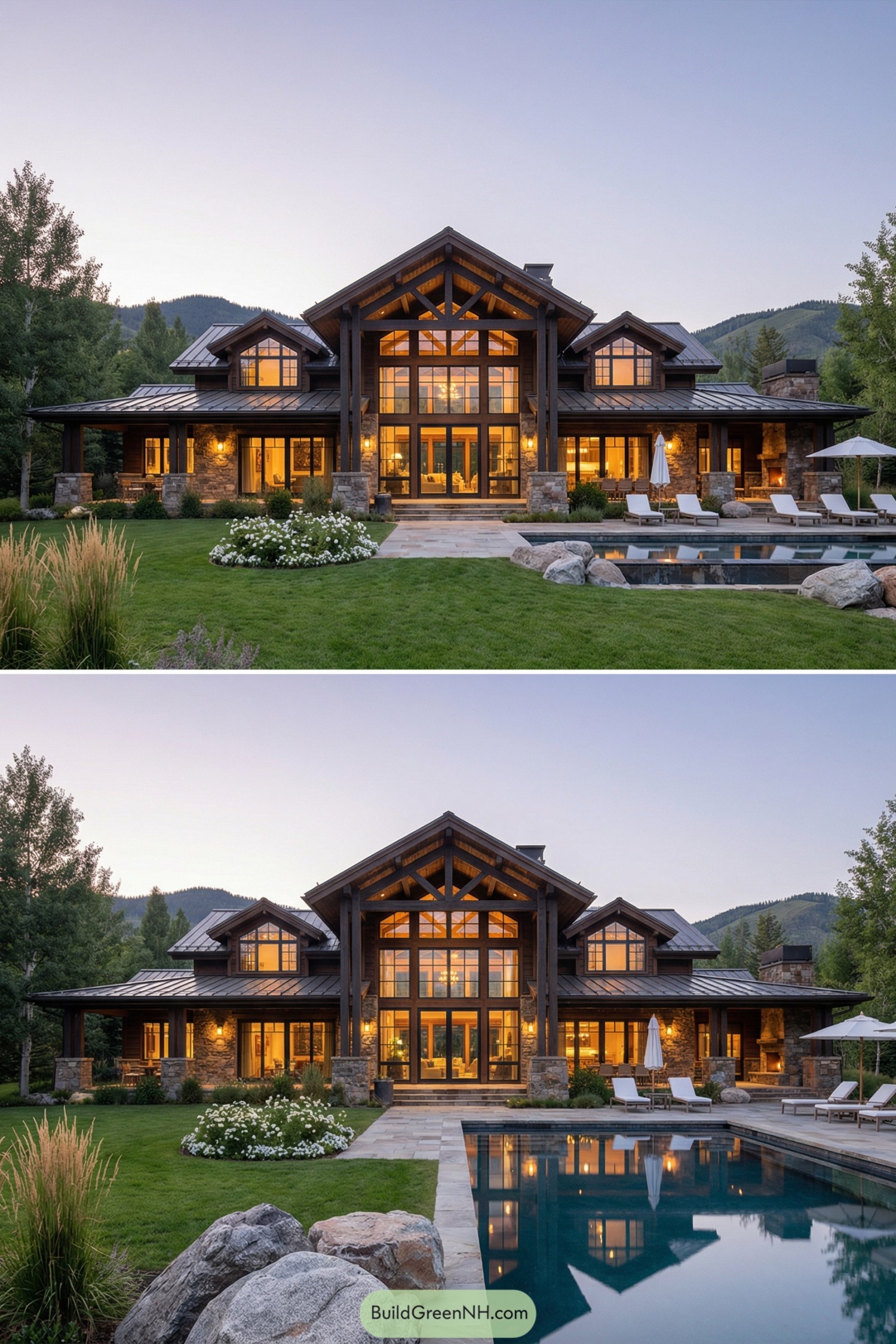 Rustic lodge with pool at sunset
