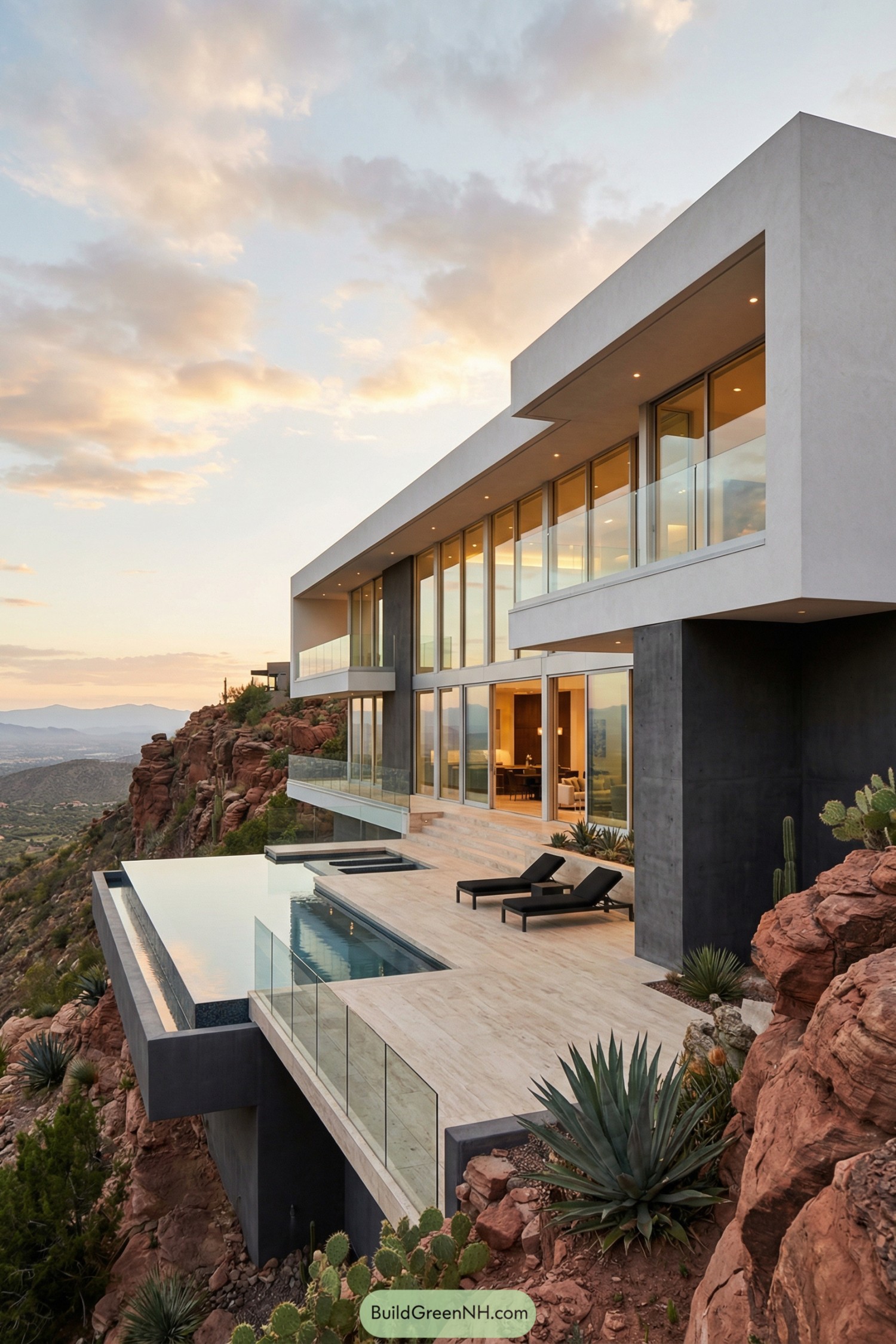 Modern cliffside mansion with glass walls and infinity pool cantilevered over red-rock terrain