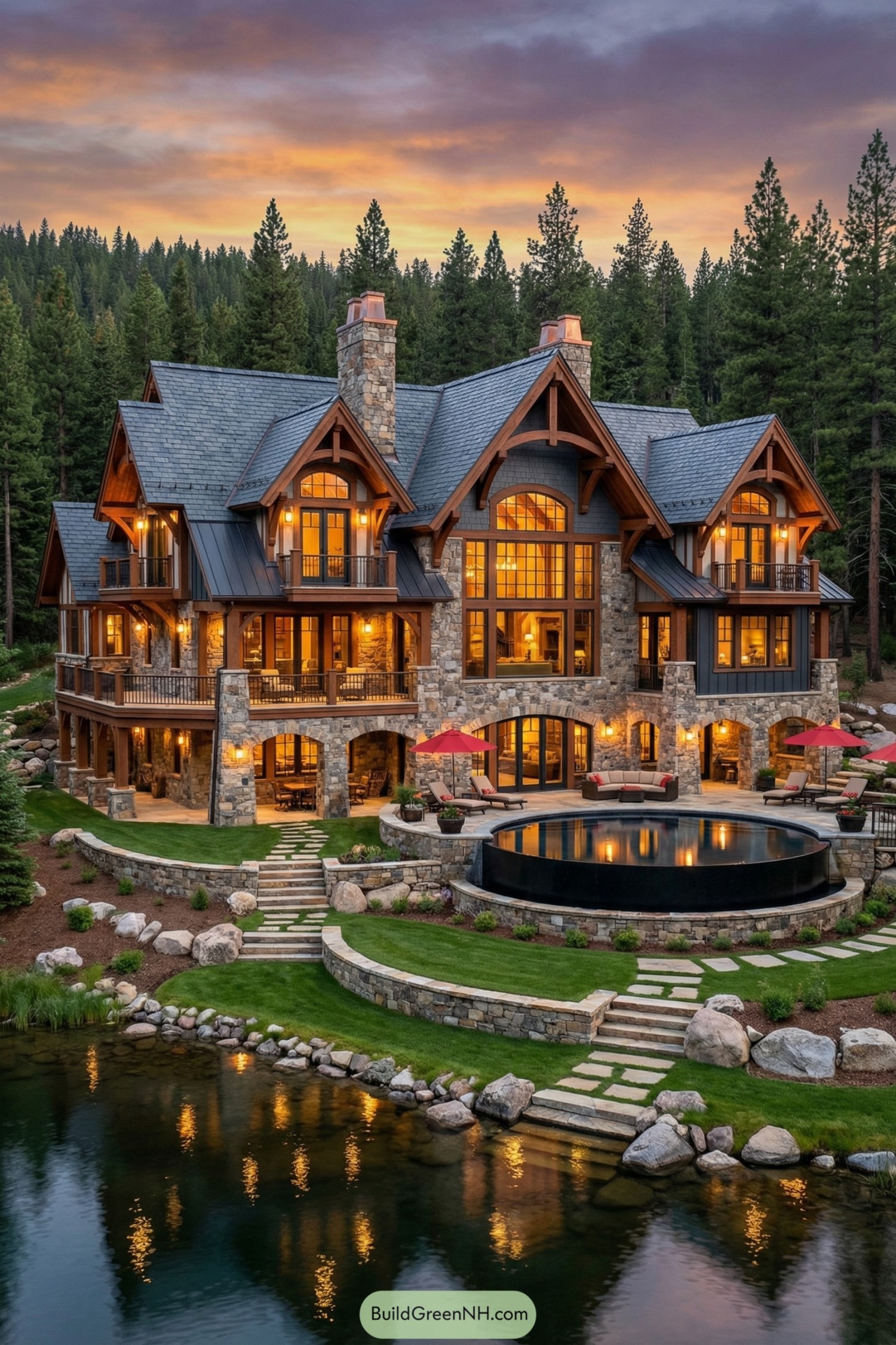 Stone-and-timber mountain mansion with infinity pool