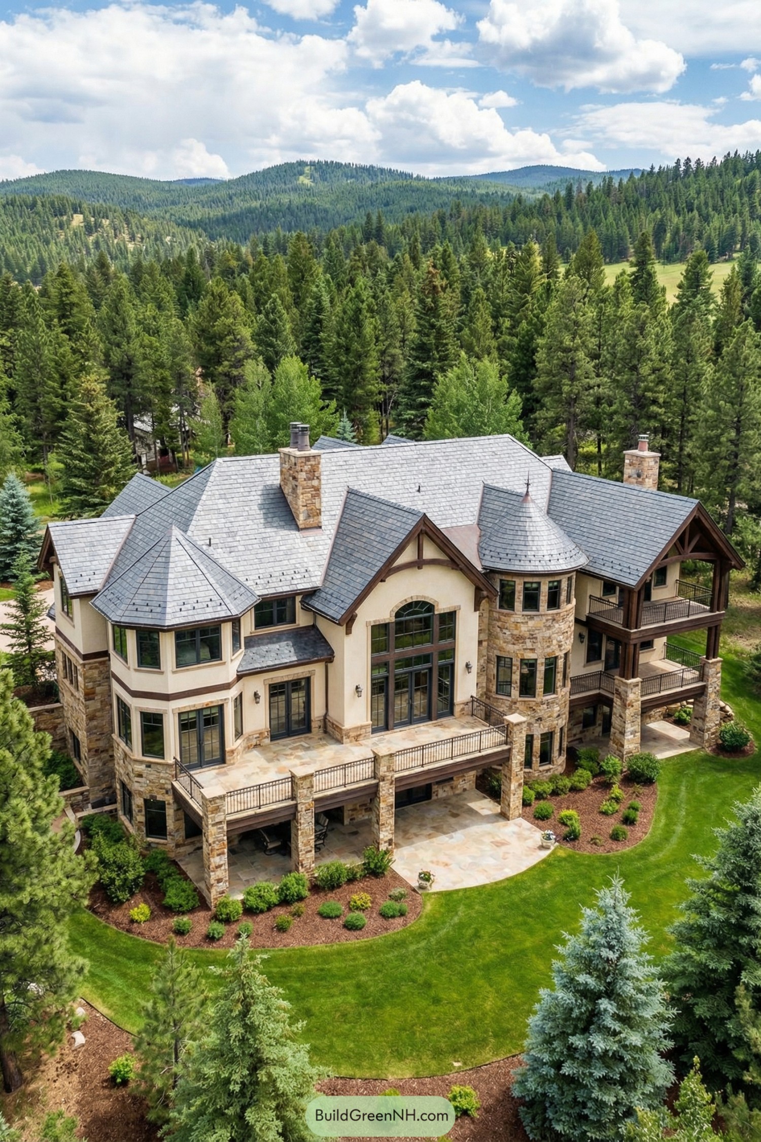 Stone-and-stucco mountain mansion with turrets and expansive balconies