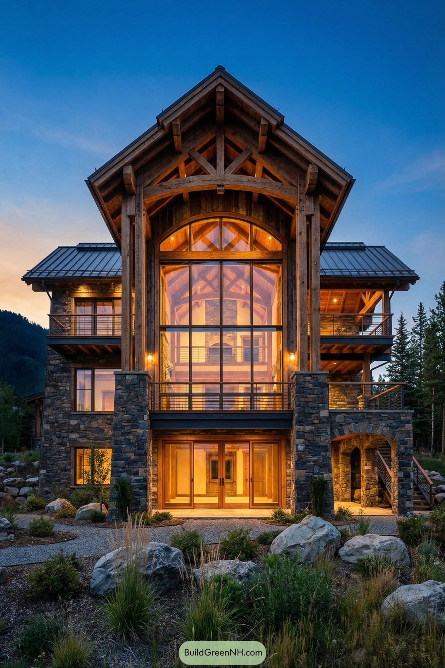 Warm-lit timber and stone mountain home with soaring glass facade at dusk