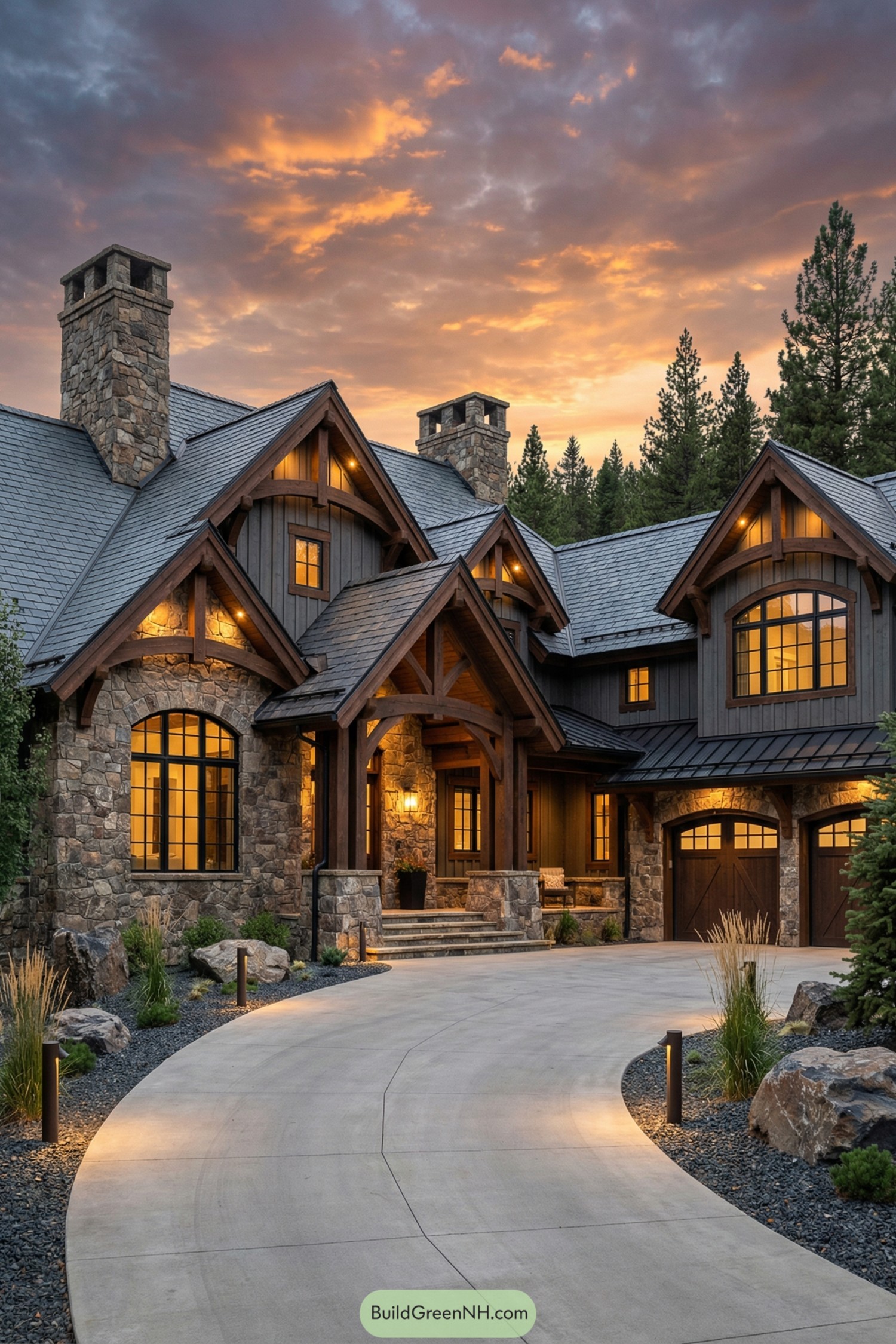 Stone-and-timber mountain mansion at dusk with warm lights, arched windows, and twin chimneys along a curved lit driveway