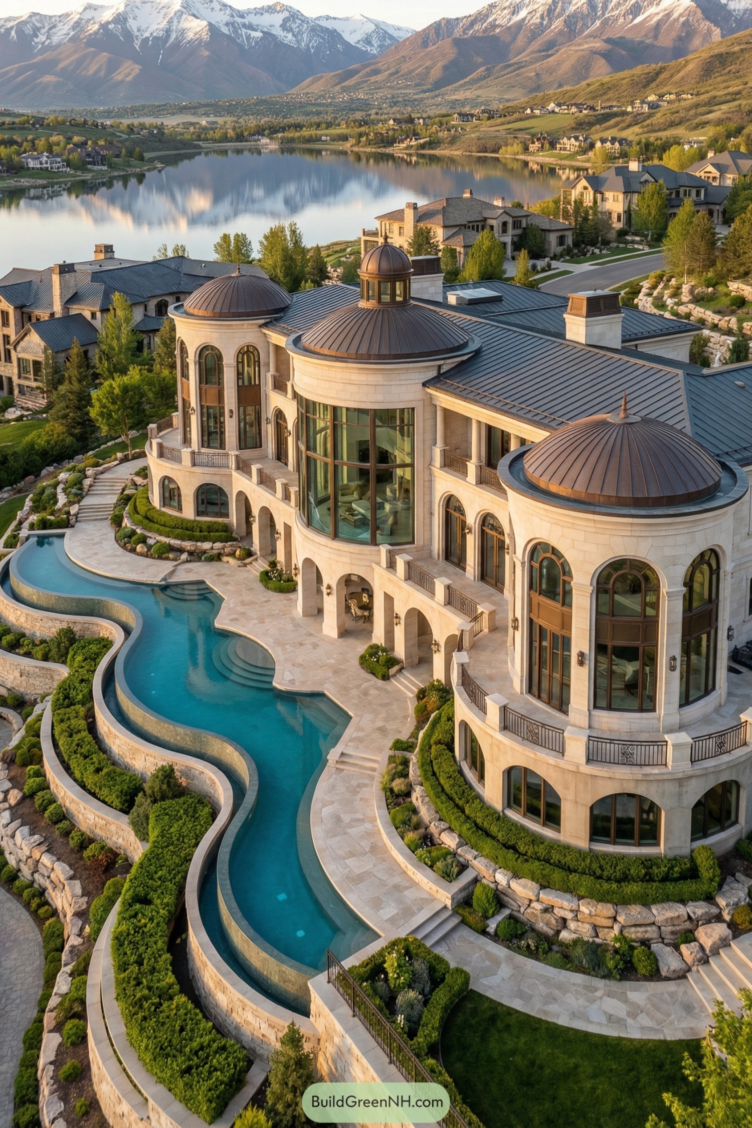 Sweeping lakeside mansion with domed turrets, tiered pools, and mountain backdrop