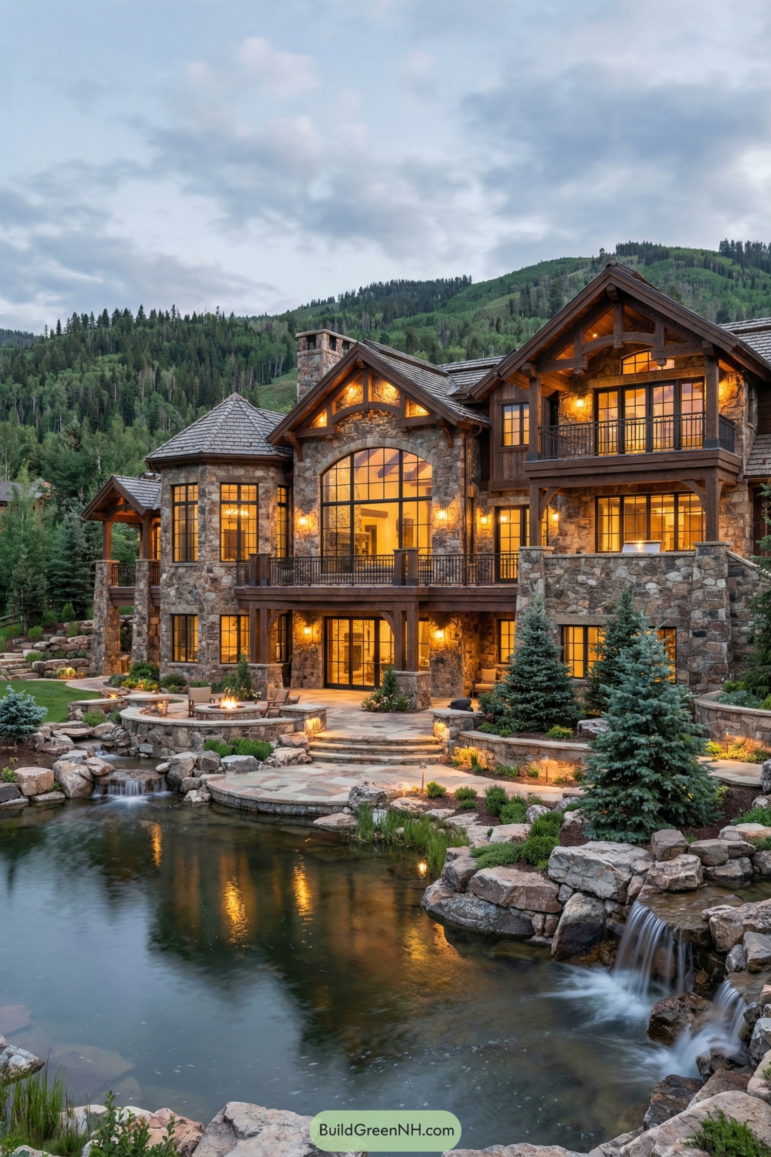 Luxury mountain mansion with stone facade and pond