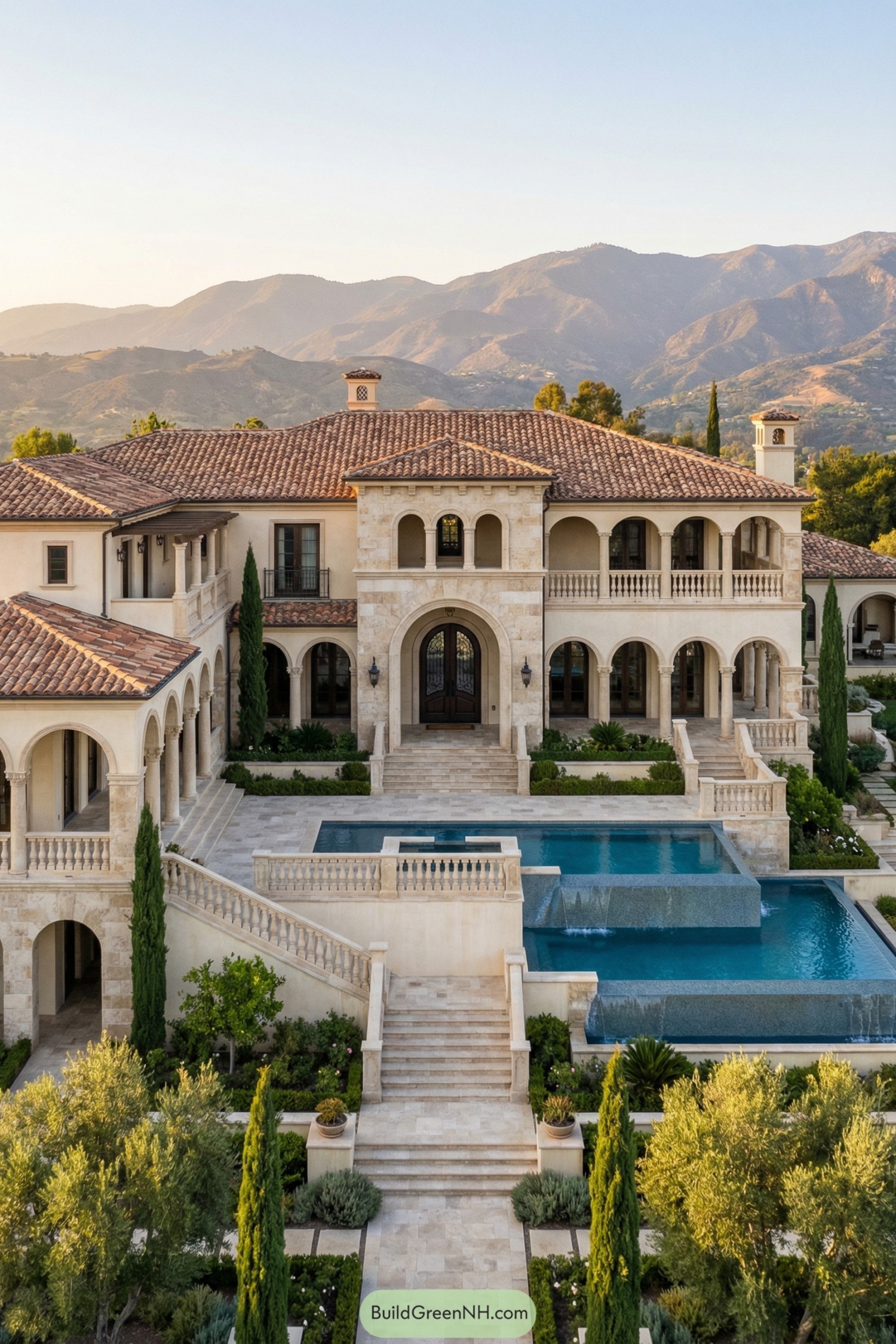 Mediterranean-style mansion with tiered pools and arches
