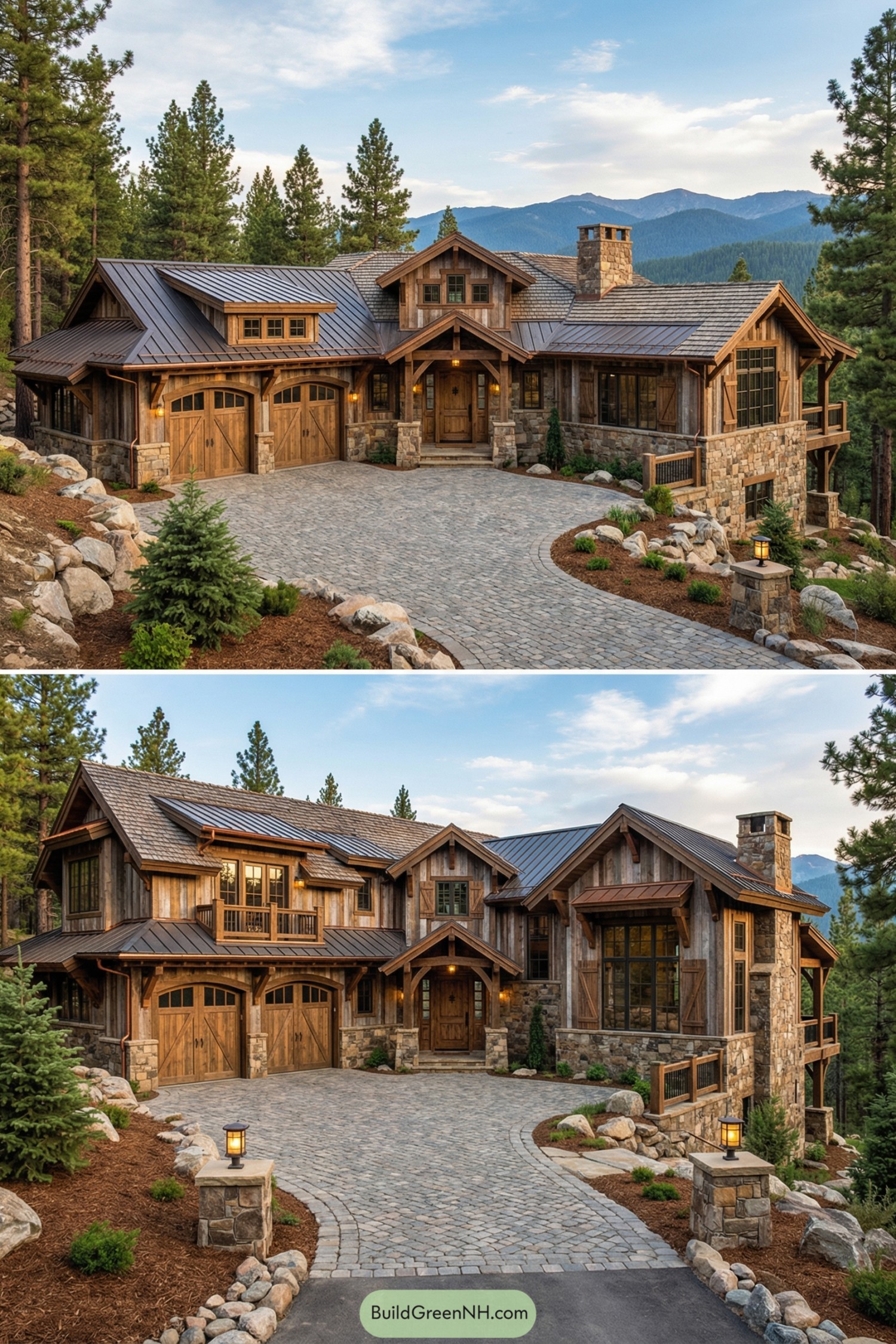 Rustic mountain mansion with wood and stone facade
