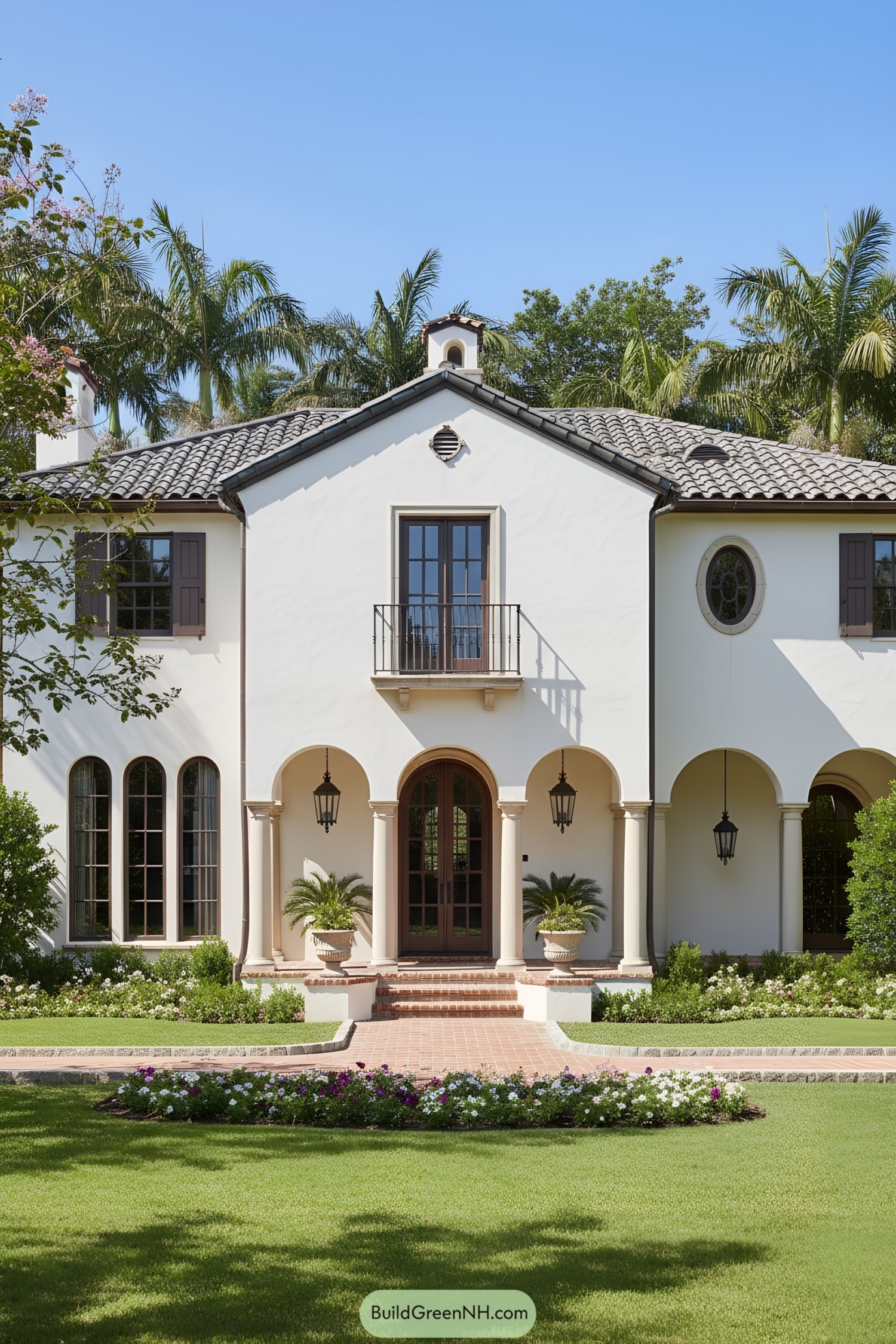 White stucco Mediterranean villa with arched colonnade, clay tile roof, and central balcony framed by palms
