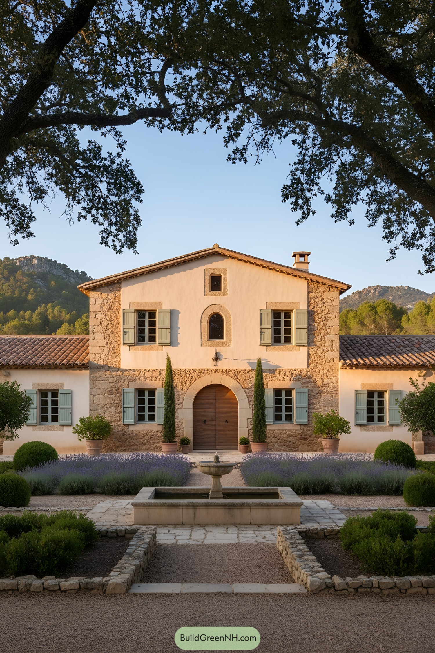 Mediterranean country house with stone, shutters, and central fountain