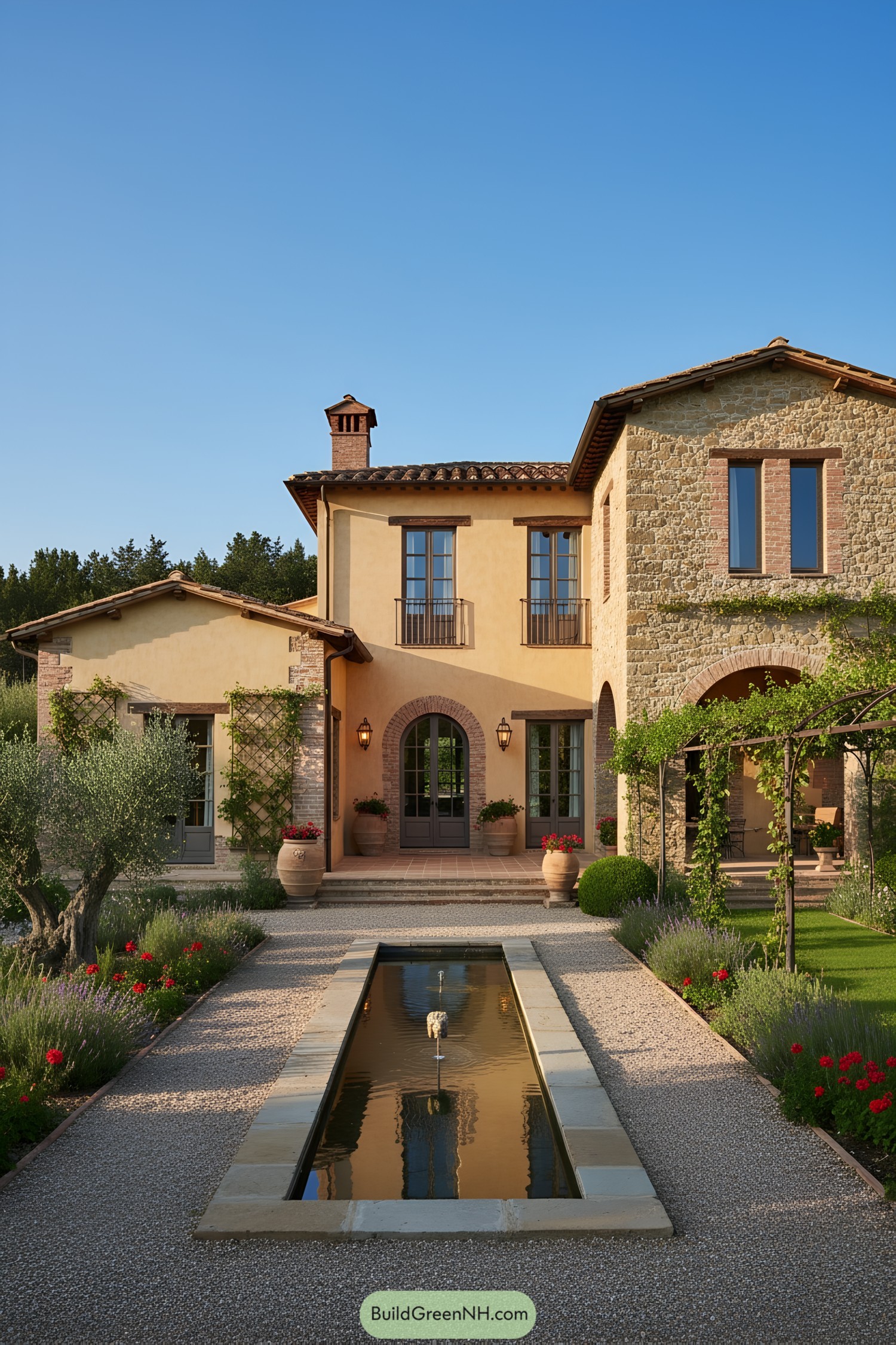 Mediterranean country house with stone walls, arches, and a reflecting pool