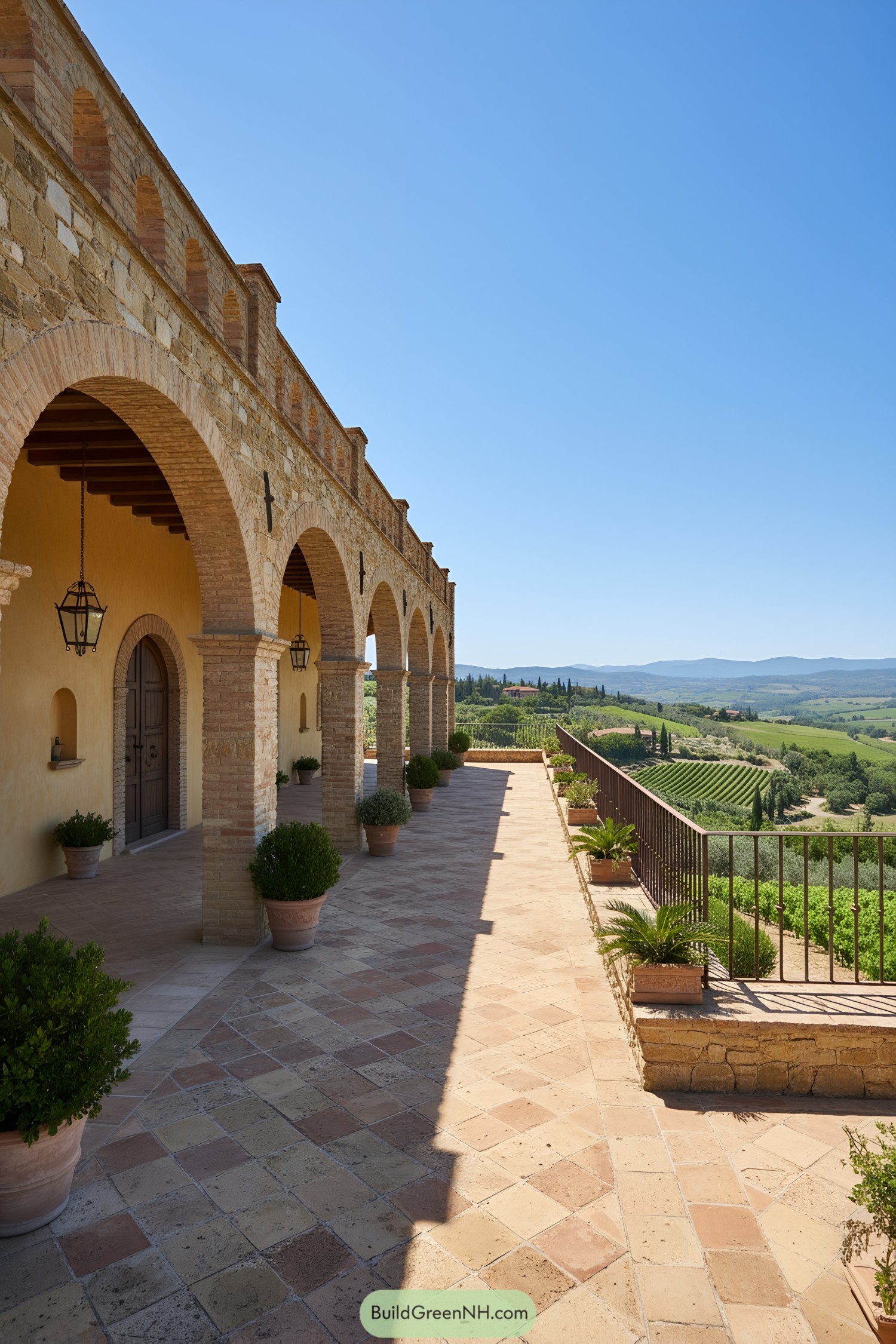 Stone-arched loggia with terracotta terrace above vineyards