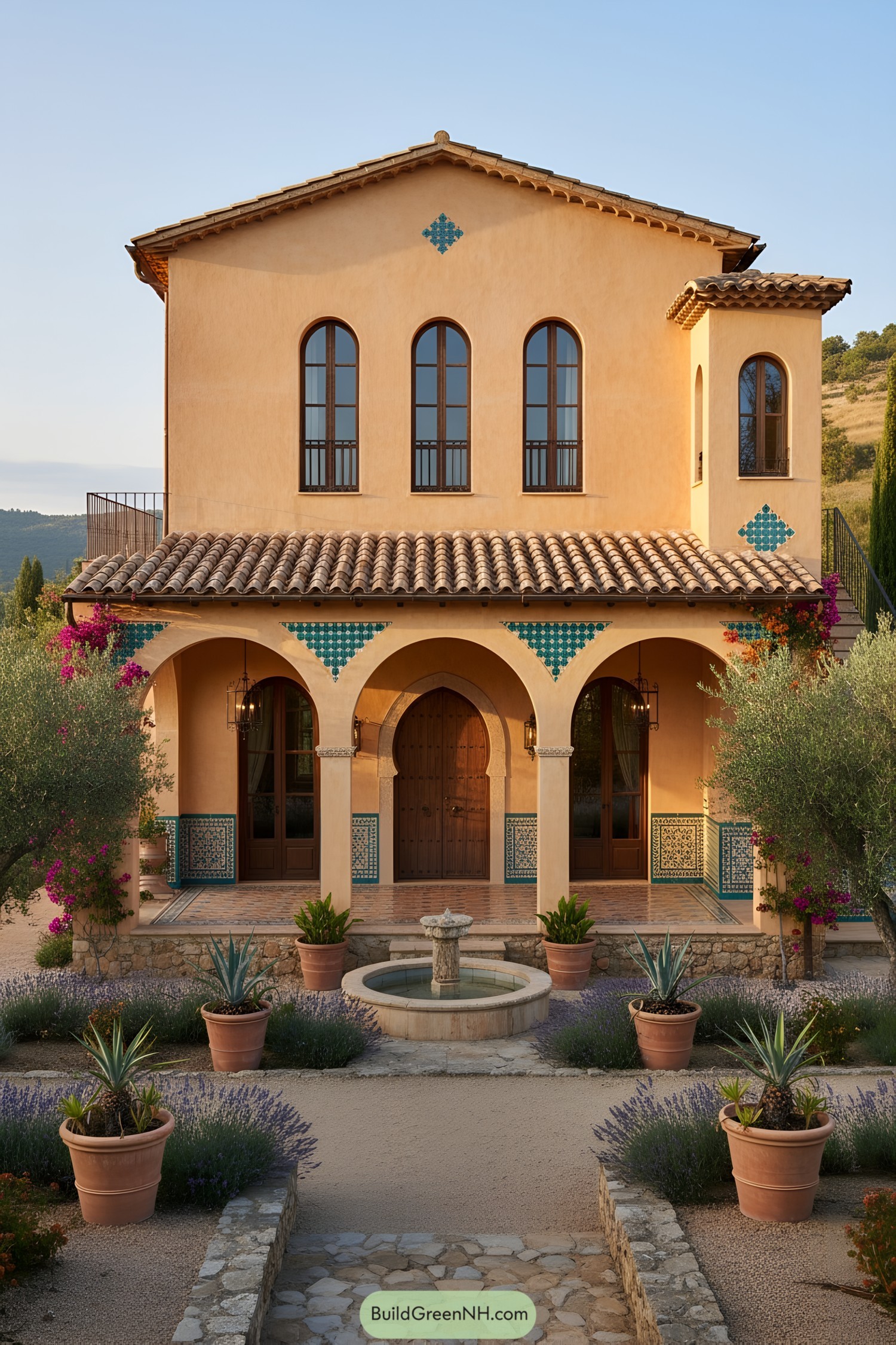 Mediterranean villa with arches, teal tiles, terracotta roof, and central courtyard fountain