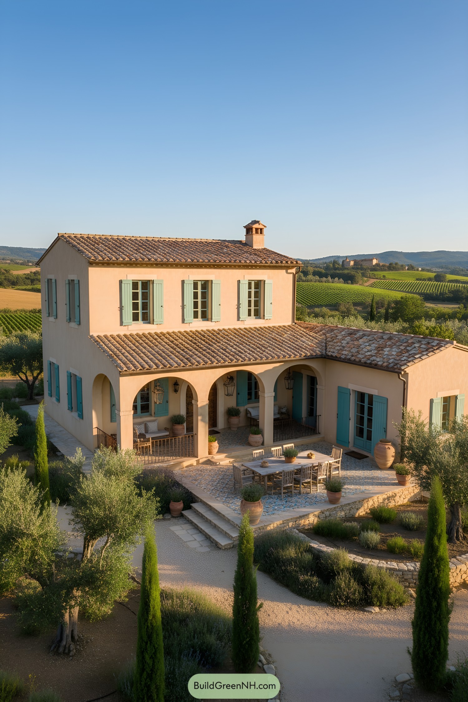 Mediterranean villa with arches, shutters, and courtyard