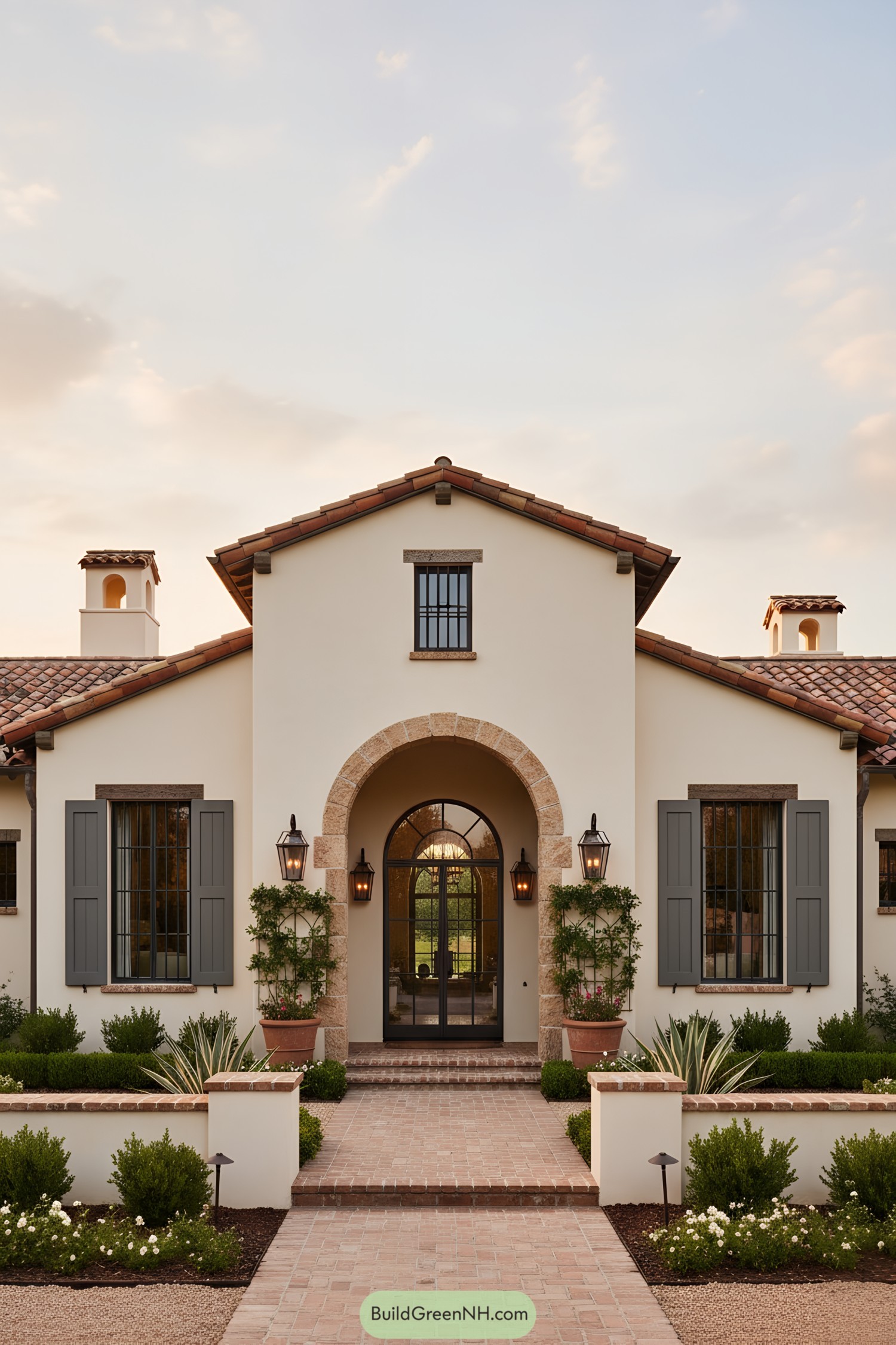Stucco villa with arched entry and clay-tile roof