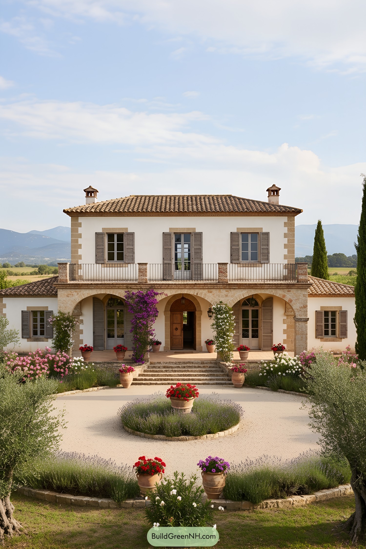 Mediterranean villa with arched loggia, shutters, and circular lavender court
