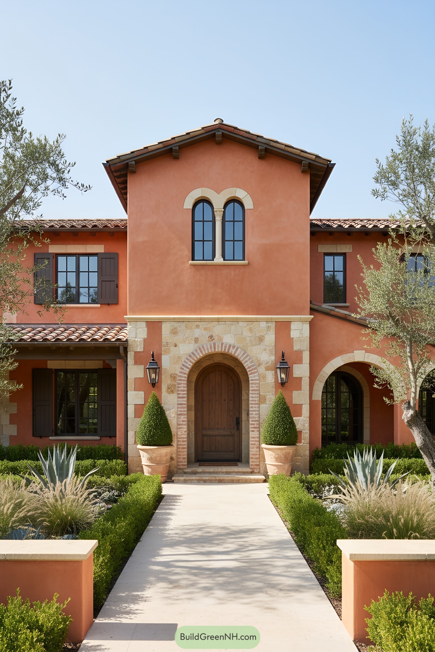 Mediterranean villa with coral stucco, arched entry, and clay tile roof